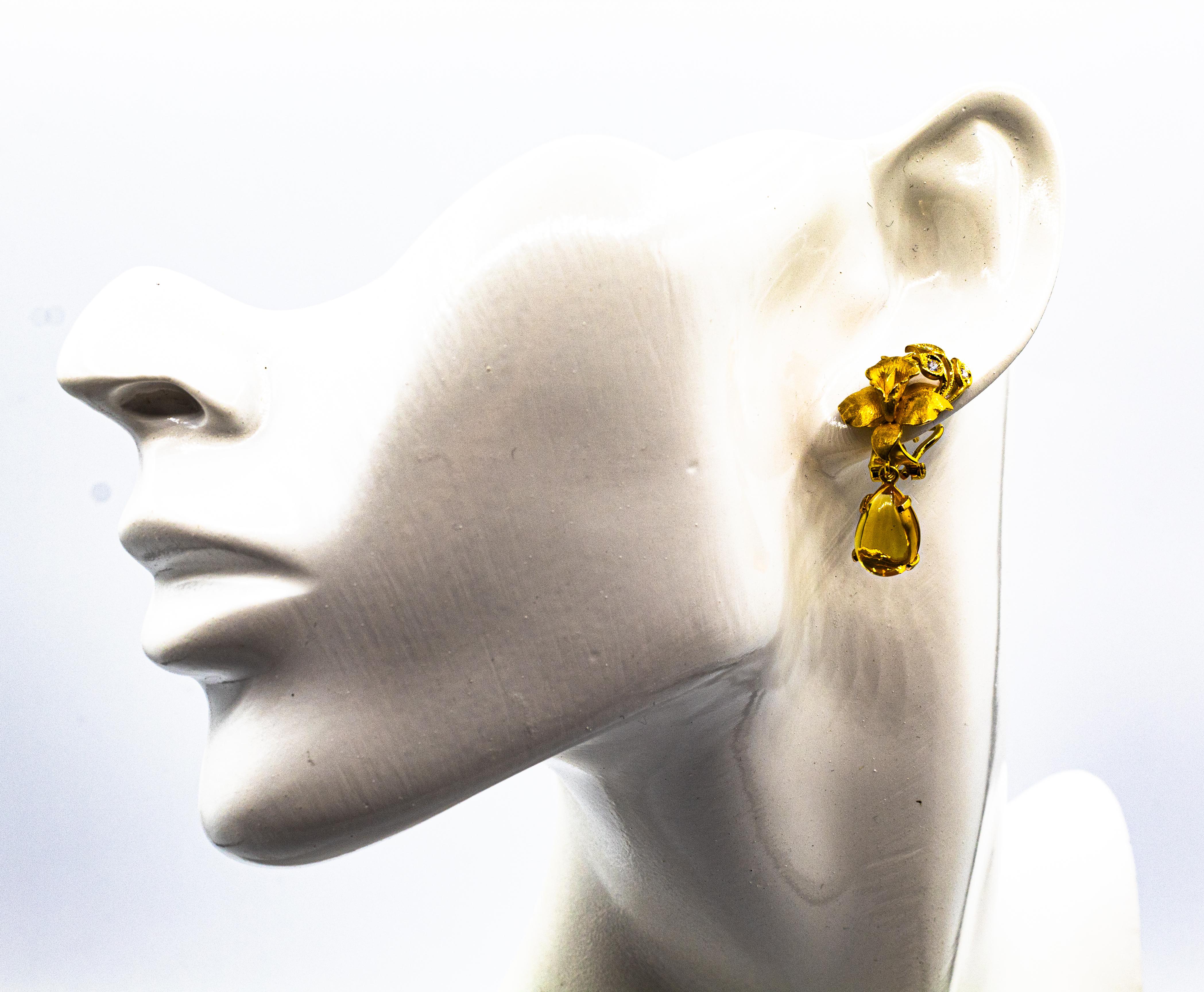 Art Nouveau Style White Diamond Citrine Yellow Gold Clip-On Drop Earrings For Sale 7