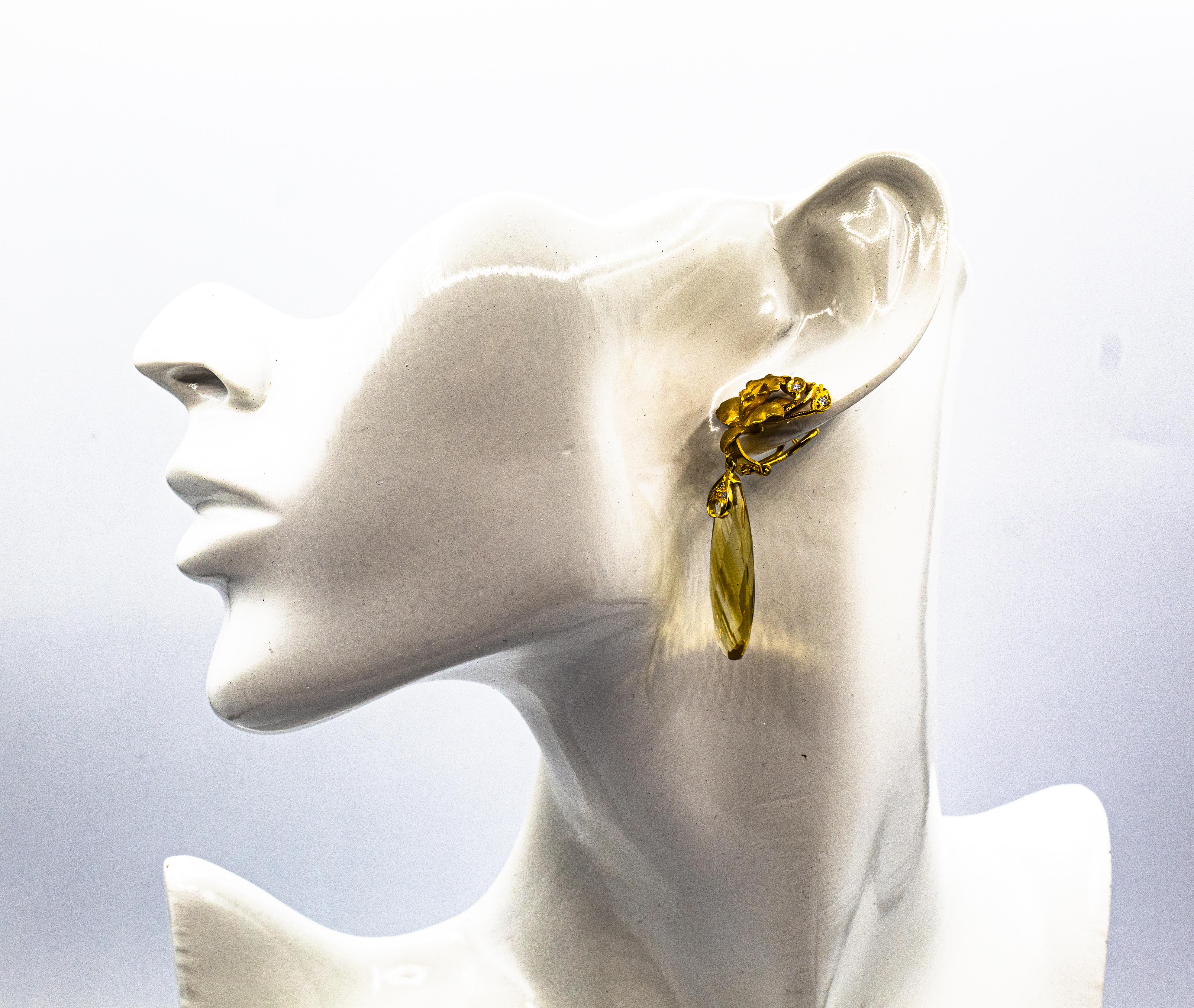 Art Nouveau Style White Diamond Citrine Yellow Gold Clip-On Drop Earrings 11