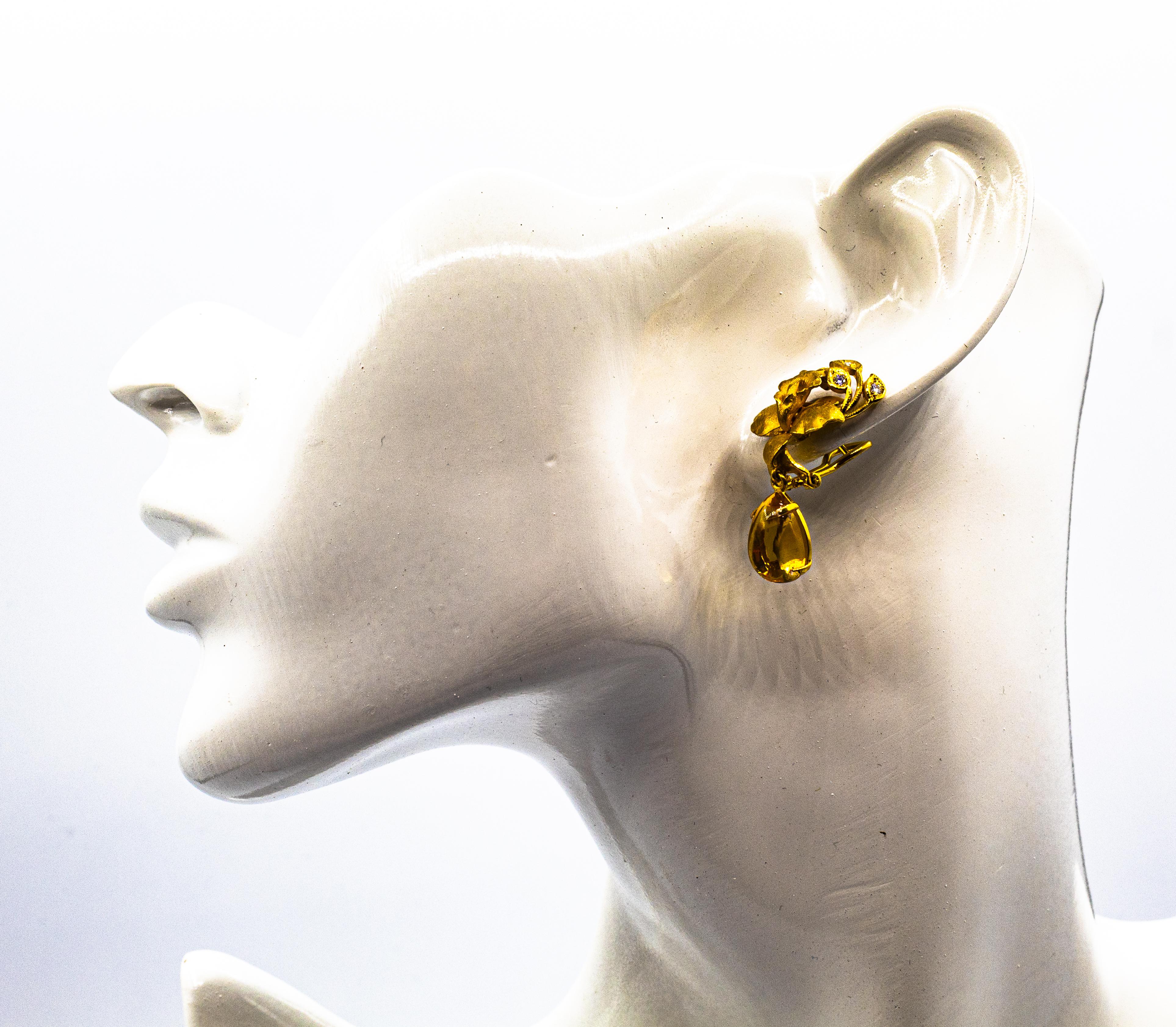Art Nouveau Style White Diamond Citrine Yellow Gold Clip-On Drop Earrings For Sale 11