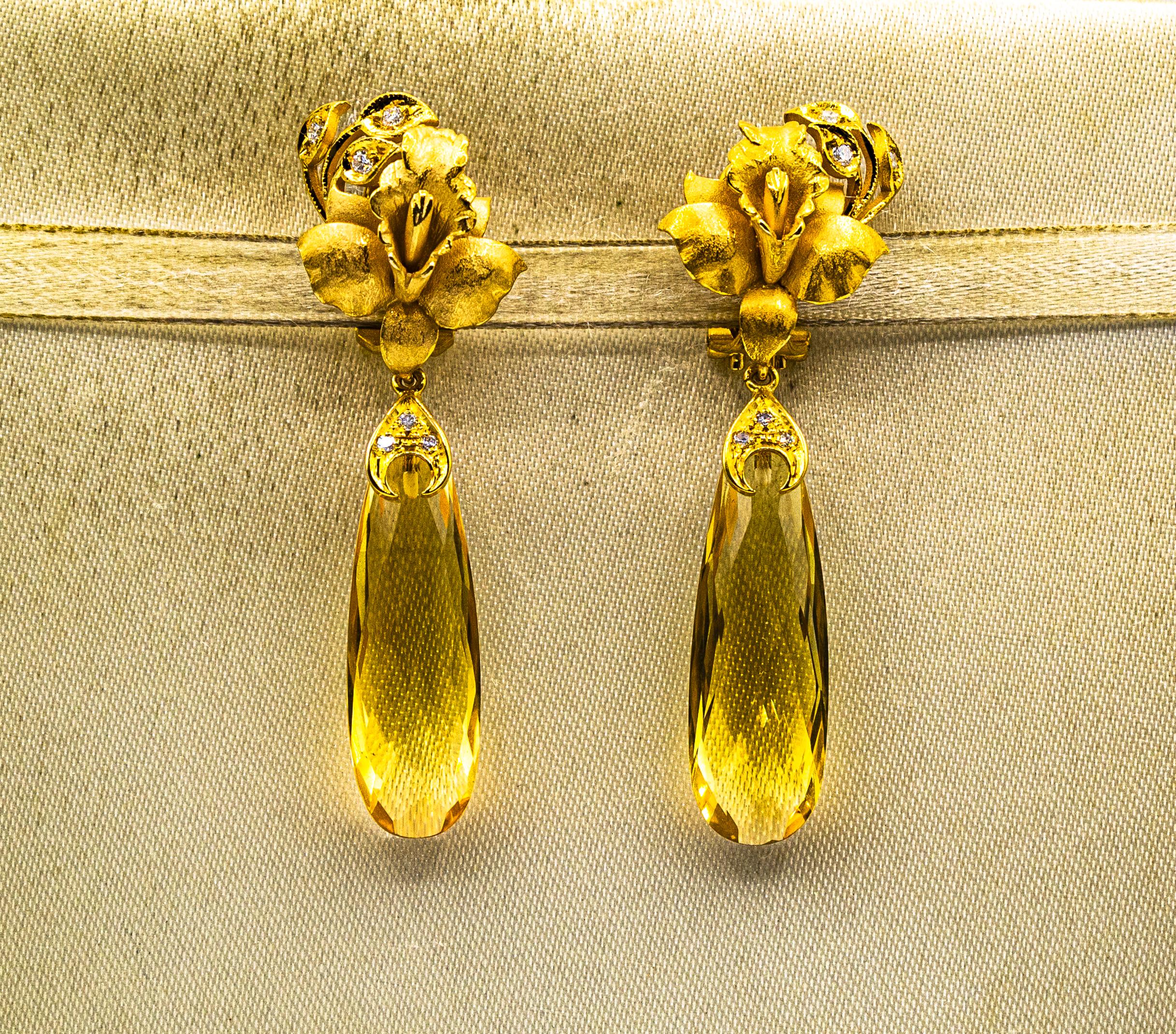 Brilliant Cut Art Nouveau Style White Diamond Citrine Yellow Gold Clip-On Drop Earrings