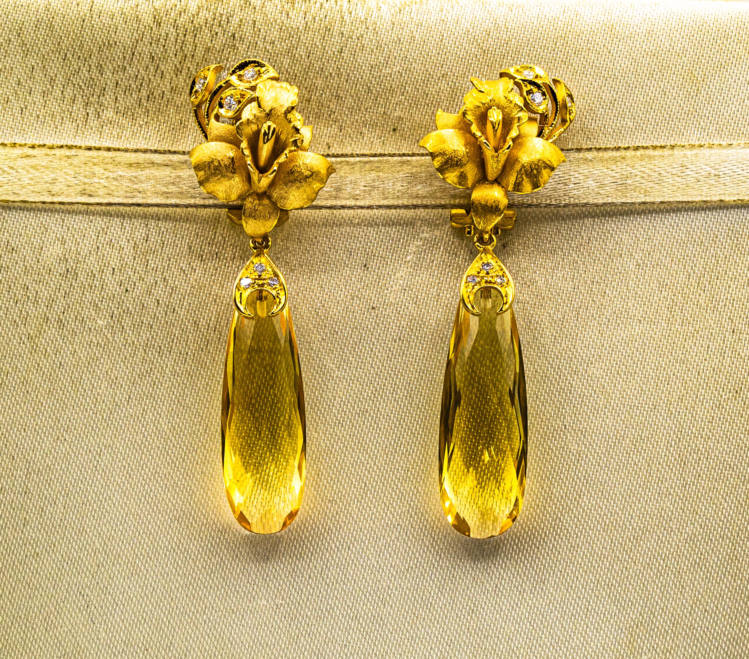 Brilliant Cut Art Nouveau Style White Diamond Citrine Yellow Gold Clip-On Drop Earrings For Sale