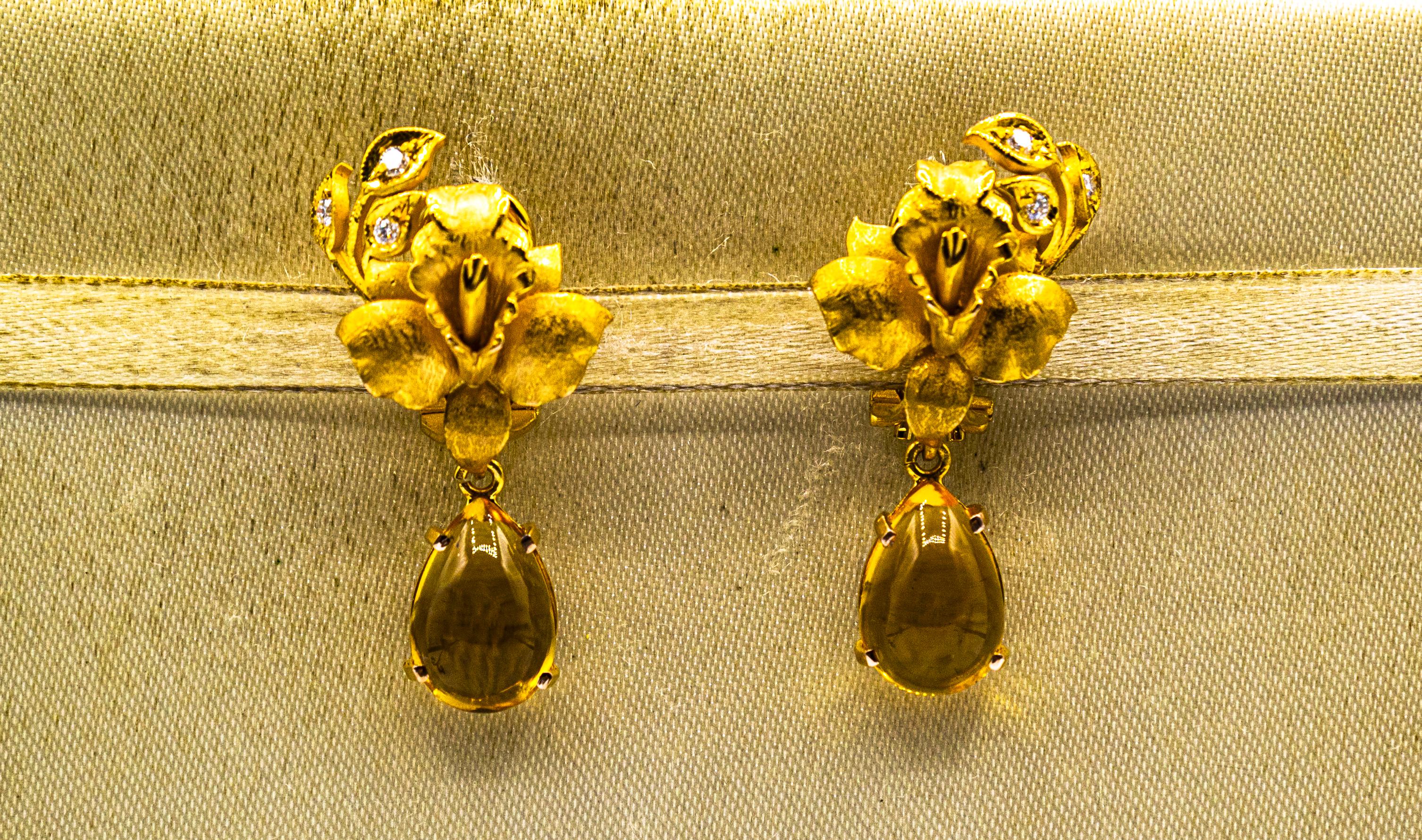 Brilliant Cut Art Nouveau Style White Diamond Citrine Yellow Gold Clip-On Drop Earrings For Sale