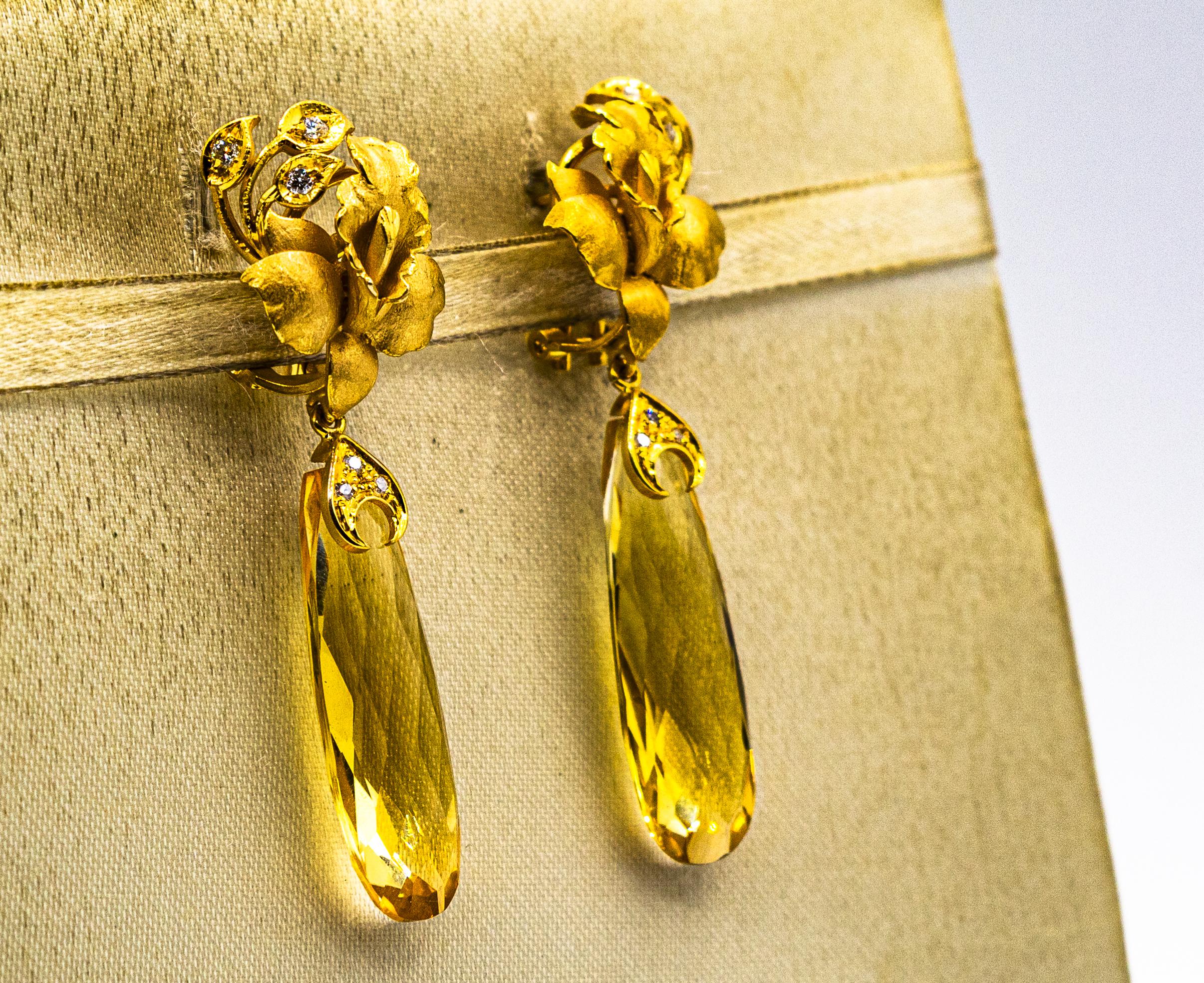 Art Nouveau Style White Diamond Citrine Yellow Gold Clip-On Drop Earrings In New Condition For Sale In Naples, IT
