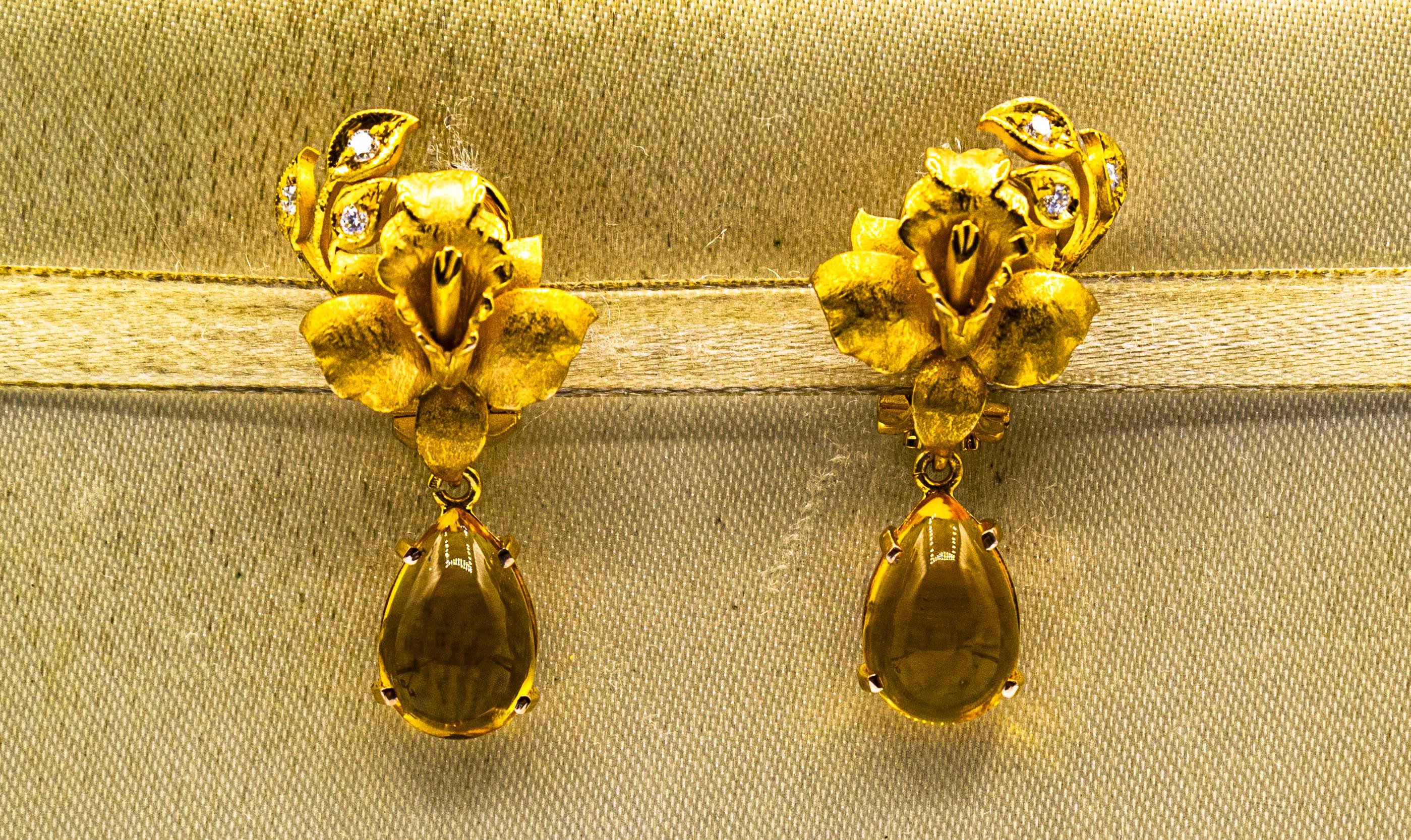 Art Nouveau Style White Diamond Citrine Yellow Gold Clip-On Drop Earrings In New Condition For Sale In Naples, IT