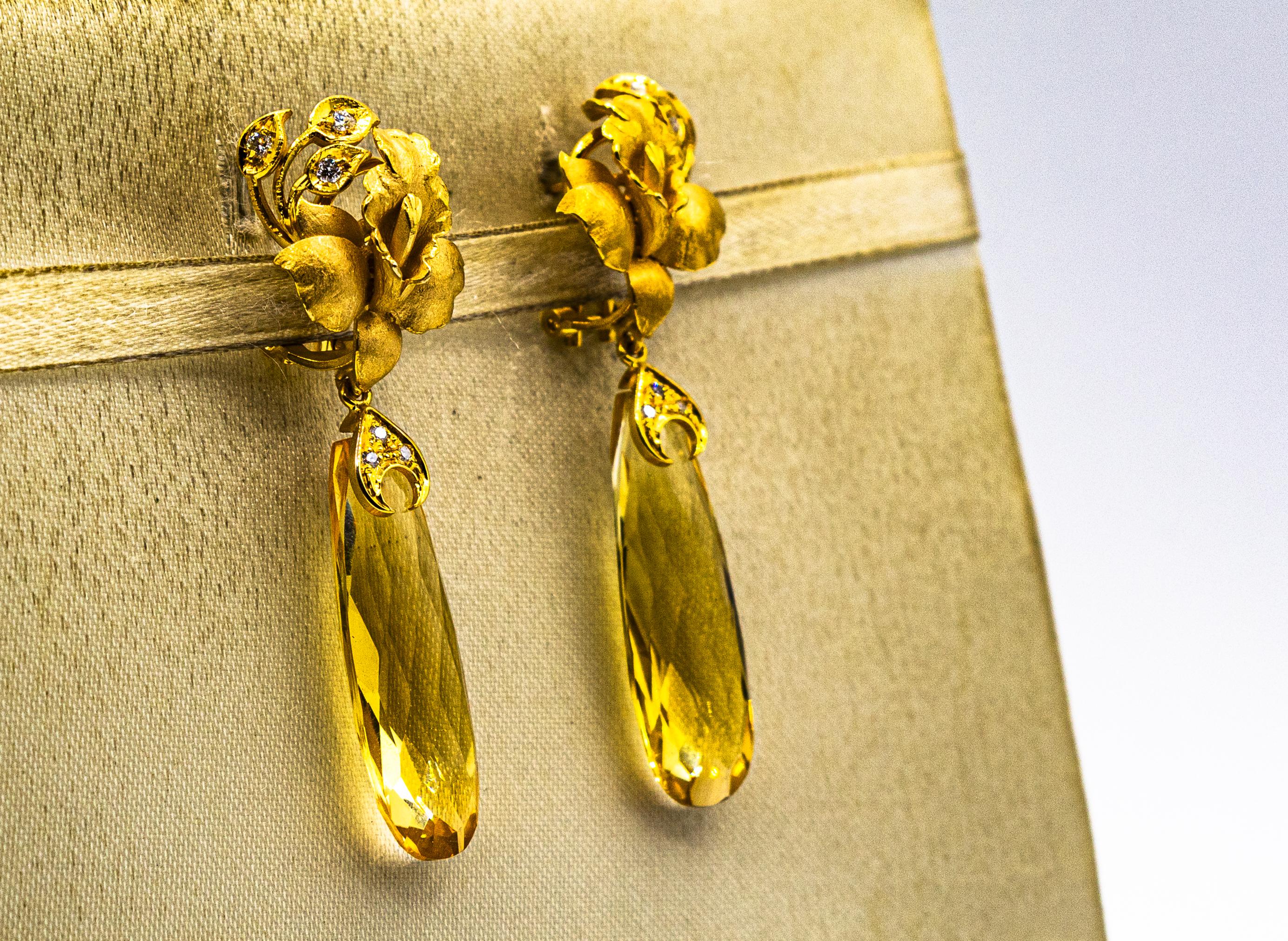 Women's or Men's Art Nouveau Style White Diamond Citrine Yellow Gold Clip-On Drop Earrings