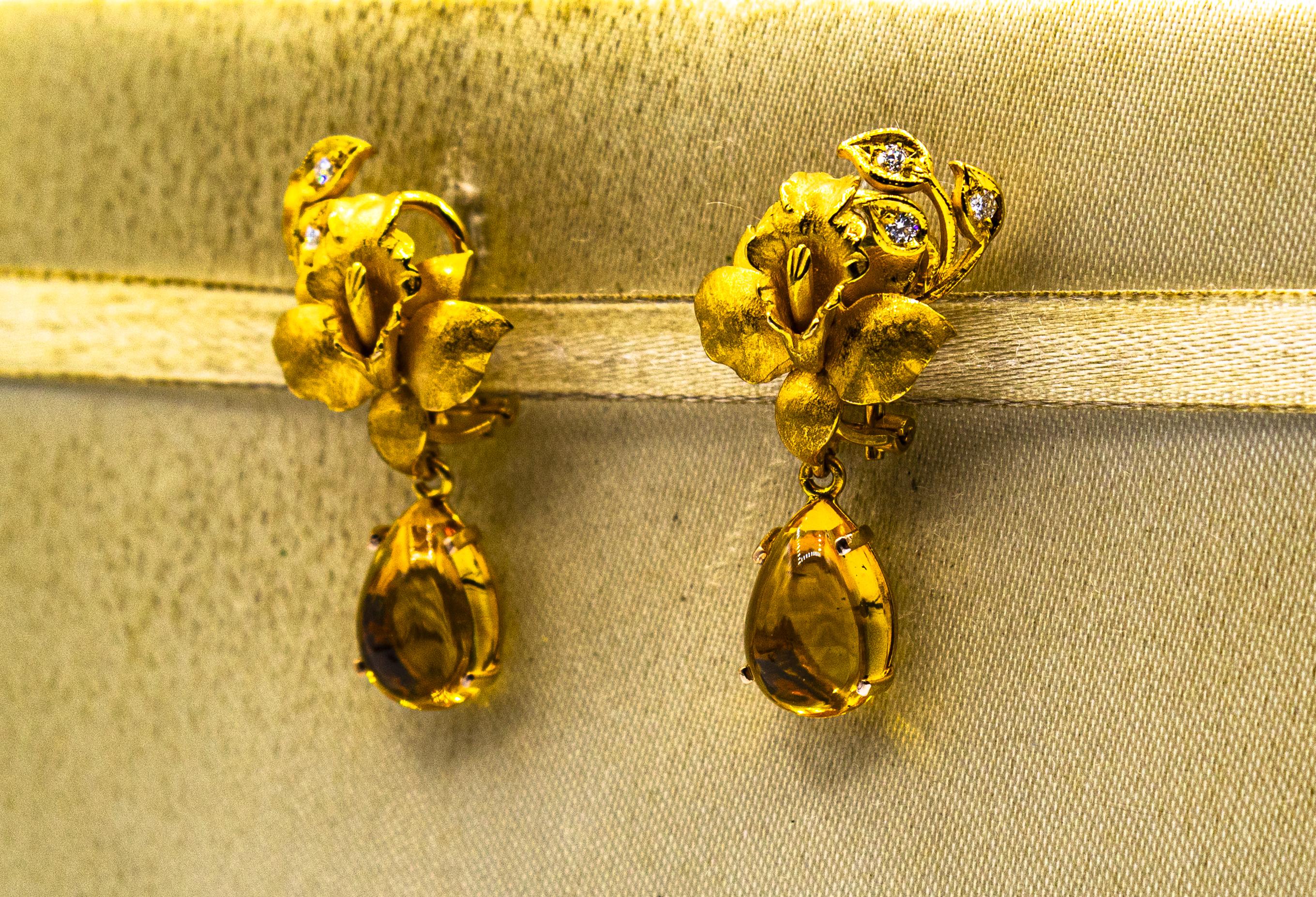 Women's or Men's Art Nouveau Style White Diamond Citrine Yellow Gold Clip-On Drop Earrings For Sale