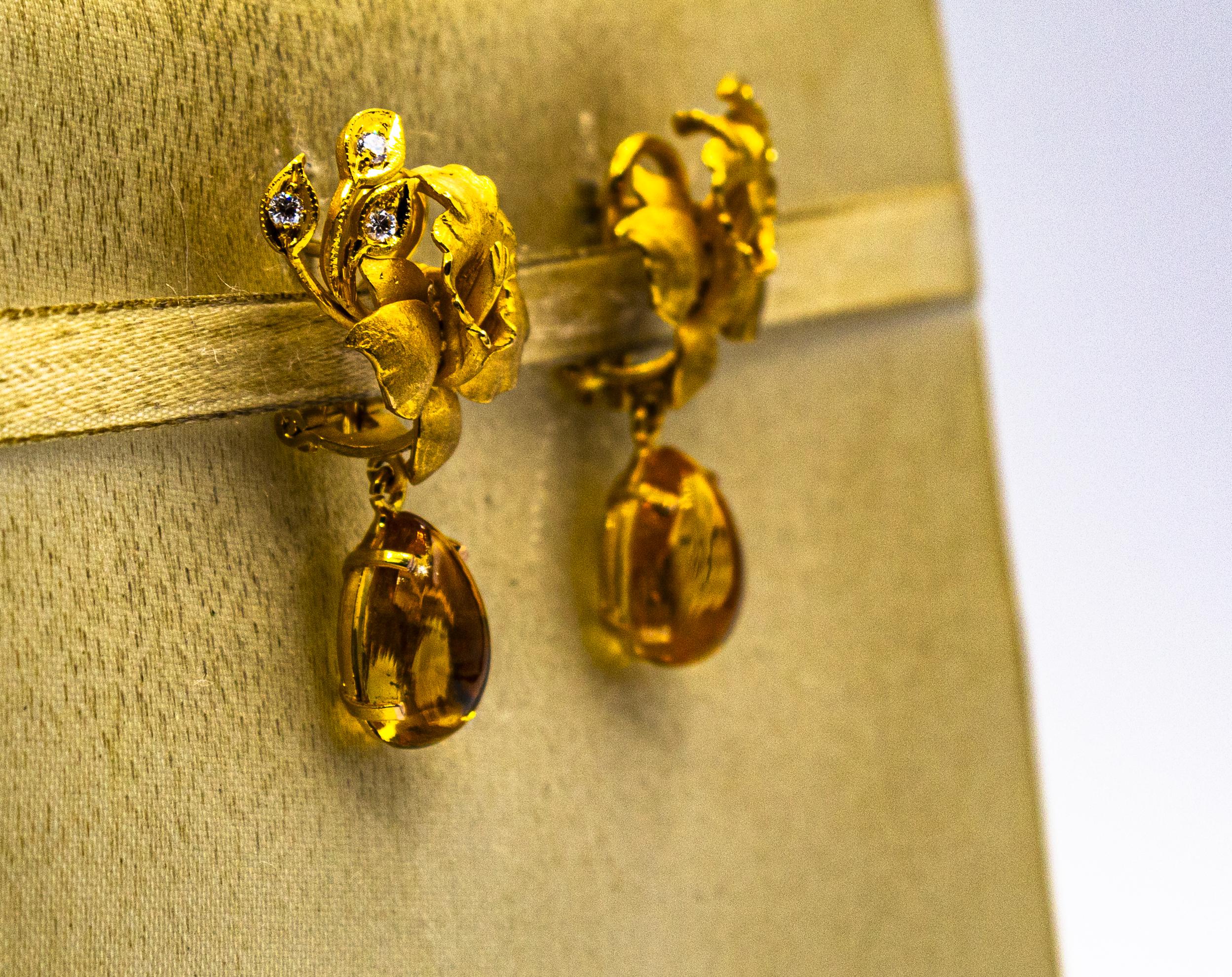 Brilliant Cut Art Nouveau Style White Diamond Citrine Yellow Gold Clip-On Drop Earrings For Sale