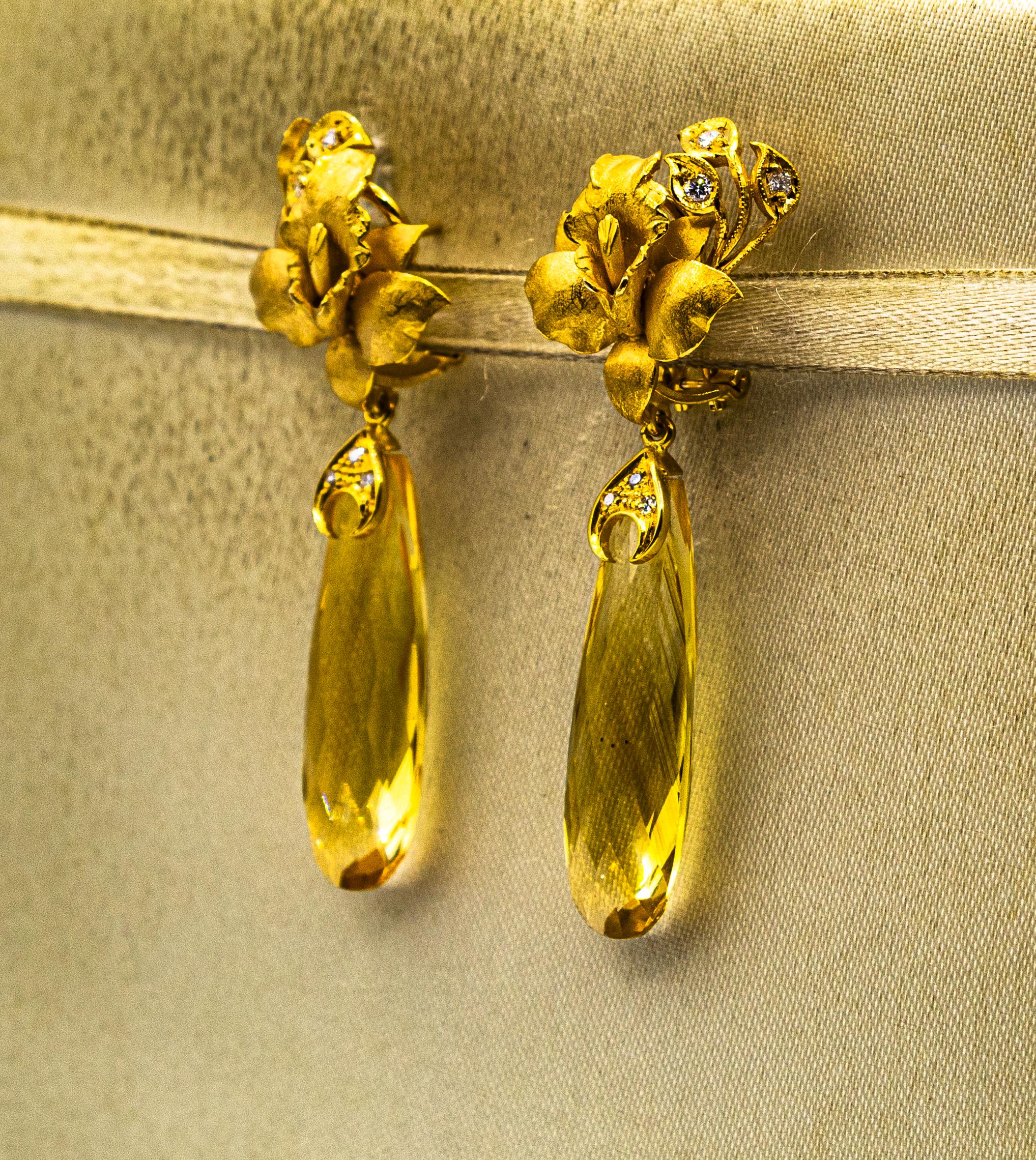 Art Nouveau Style White Diamond Citrine Yellow Gold Clip-On Drop Earrings For Sale 1