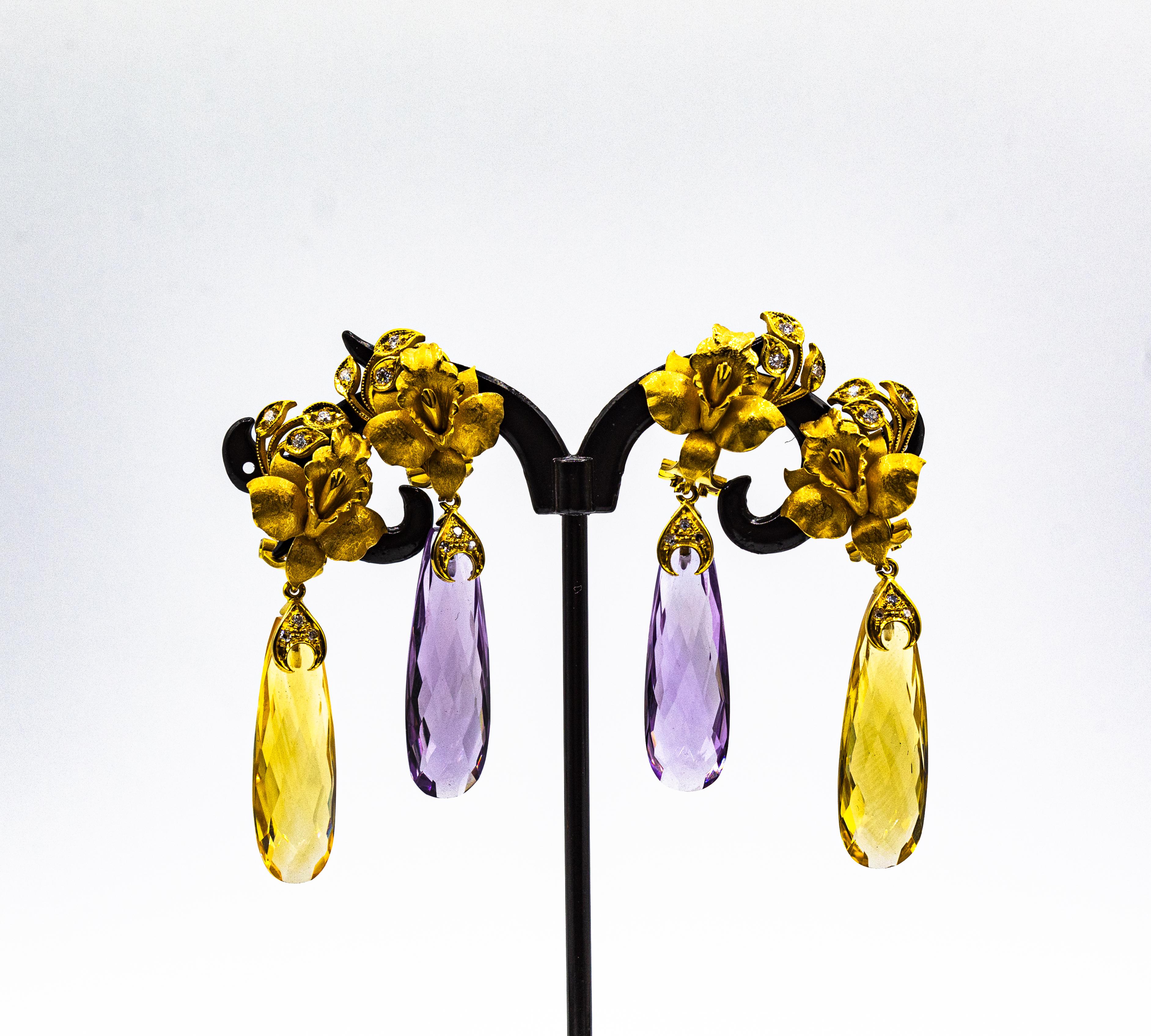 Art Nouveau Style White Diamond Citrine Yellow Gold Clip-On Drop Earrings For Sale 2