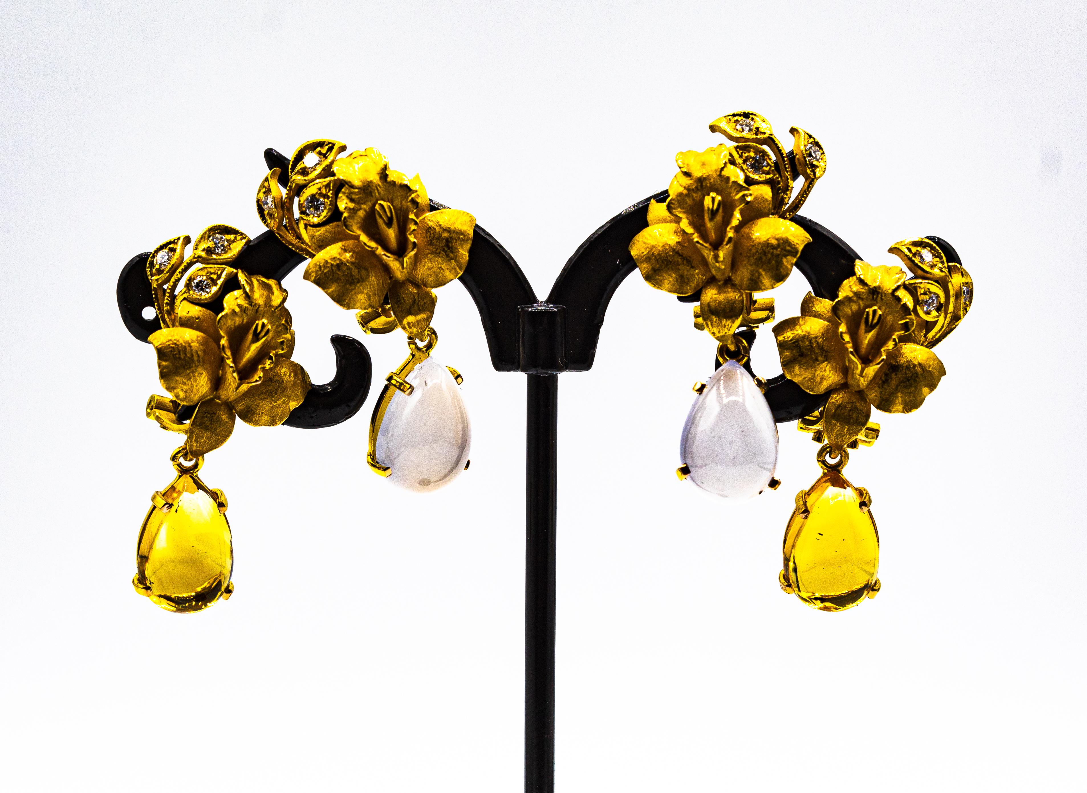 Art Nouveau Style White Diamond Citrine Yellow Gold Clip-On Drop Earrings For Sale 2