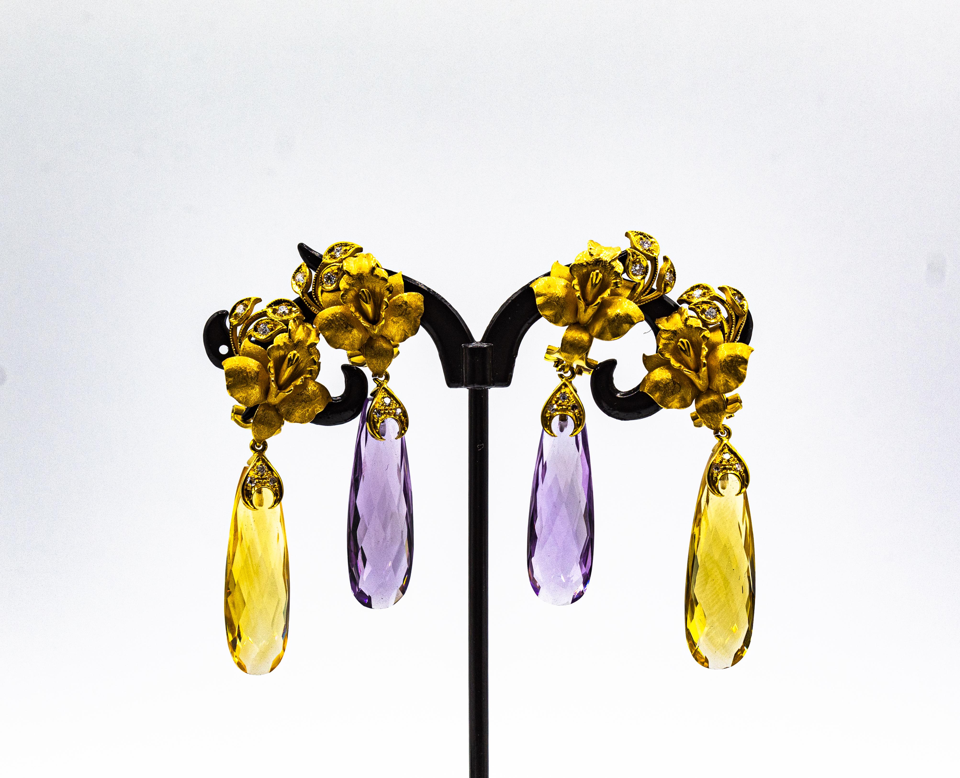 Art Nouveau Style White Diamond Citrine Yellow Gold Clip-On Drop Earrings For Sale 3