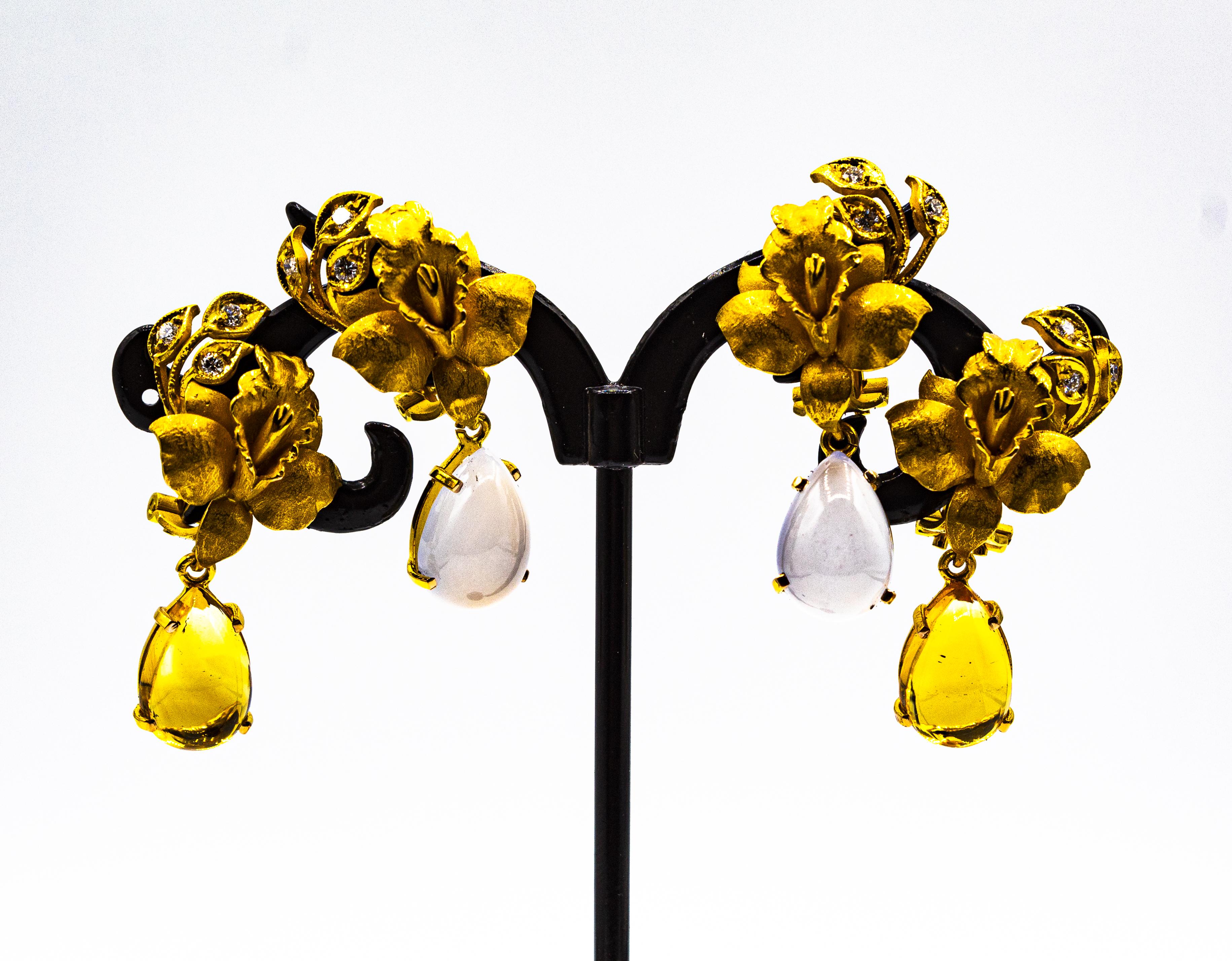 Art Nouveau Style White Diamond Citrine Yellow Gold Clip-On Drop Earrings For Sale 3