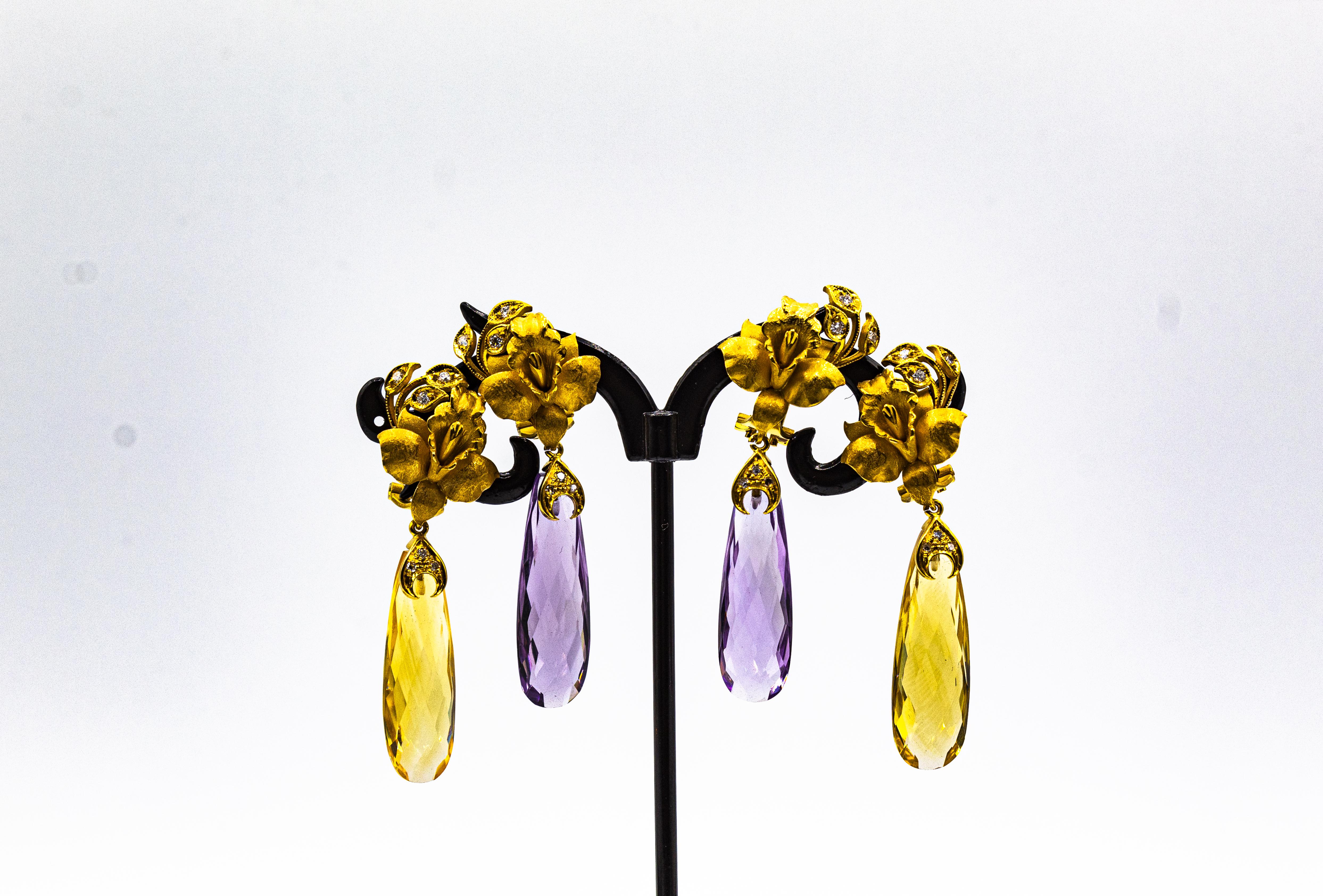 Art Nouveau Style White Diamond Citrine Yellow Gold Clip-On Drop Earrings 4