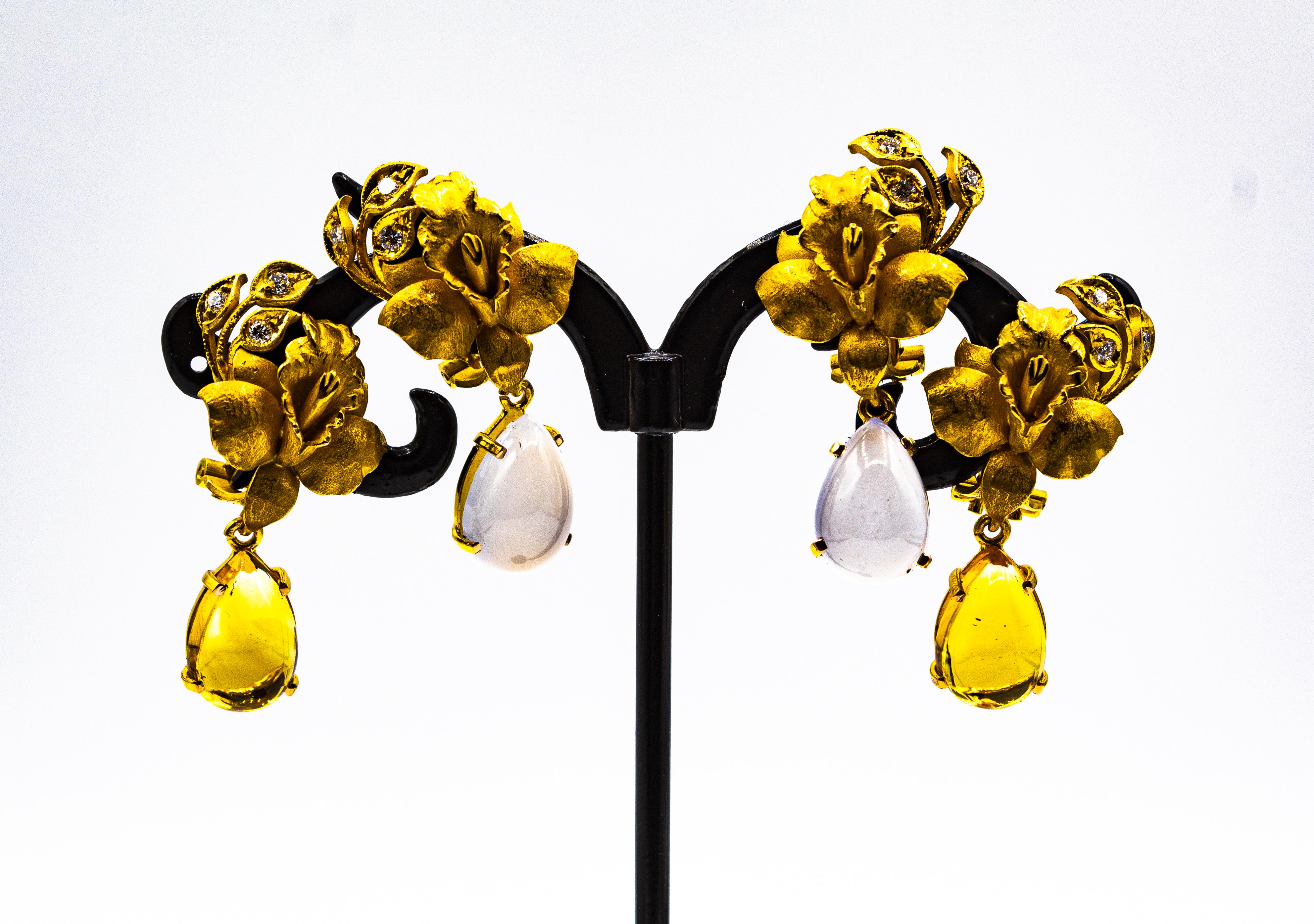 Art Nouveau Style White Diamond Citrine Yellow Gold Clip-On Drop Earrings For Sale 4