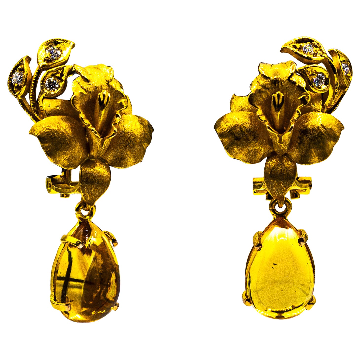 Orecchini a goccia in oro giallo con diamante bianco e citrino in stile Art Nouveau