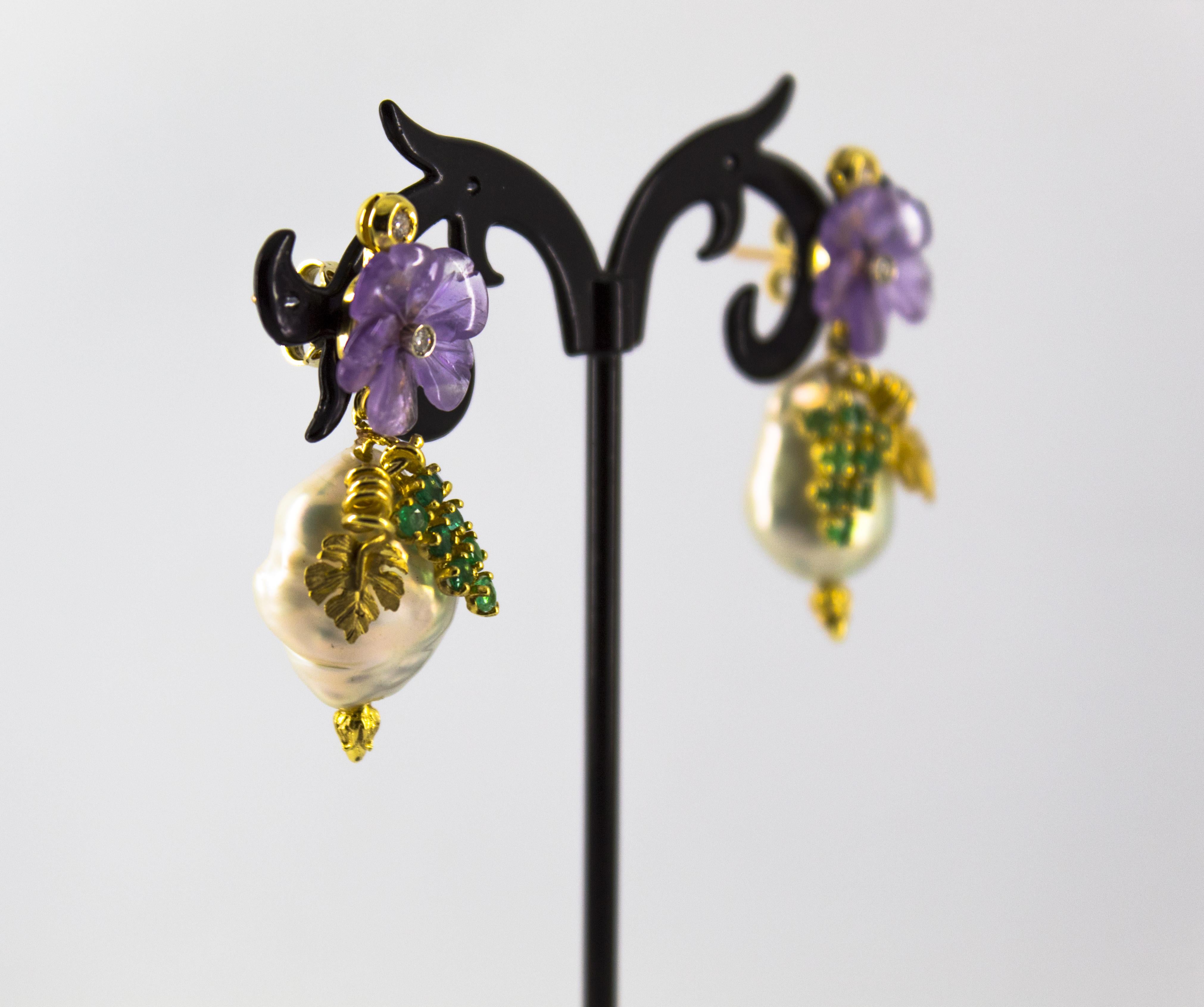 Art Nouveau Style White Diamond Emerald Amethyst Pearl Yellow Gold Stud Earrings For Sale 5