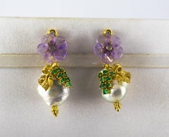 Art Nouveau Style White Diamond Emerald Amethyst Pearl Yellow Gold Stud Earrings