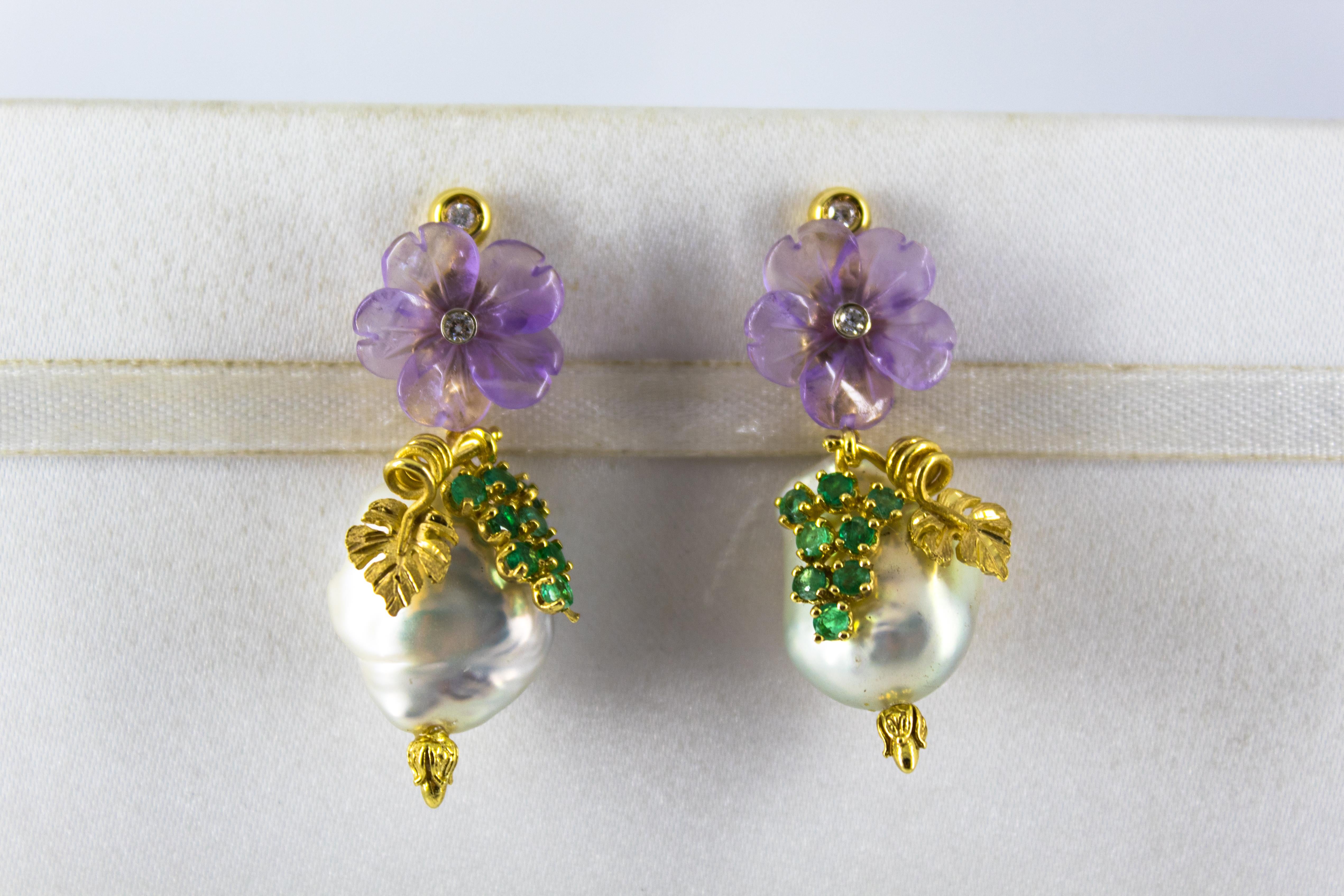 Brilliant Cut Art Nouveau Style White Diamond Emerald Amethyst Pearl Yellow Gold Stud Earrings