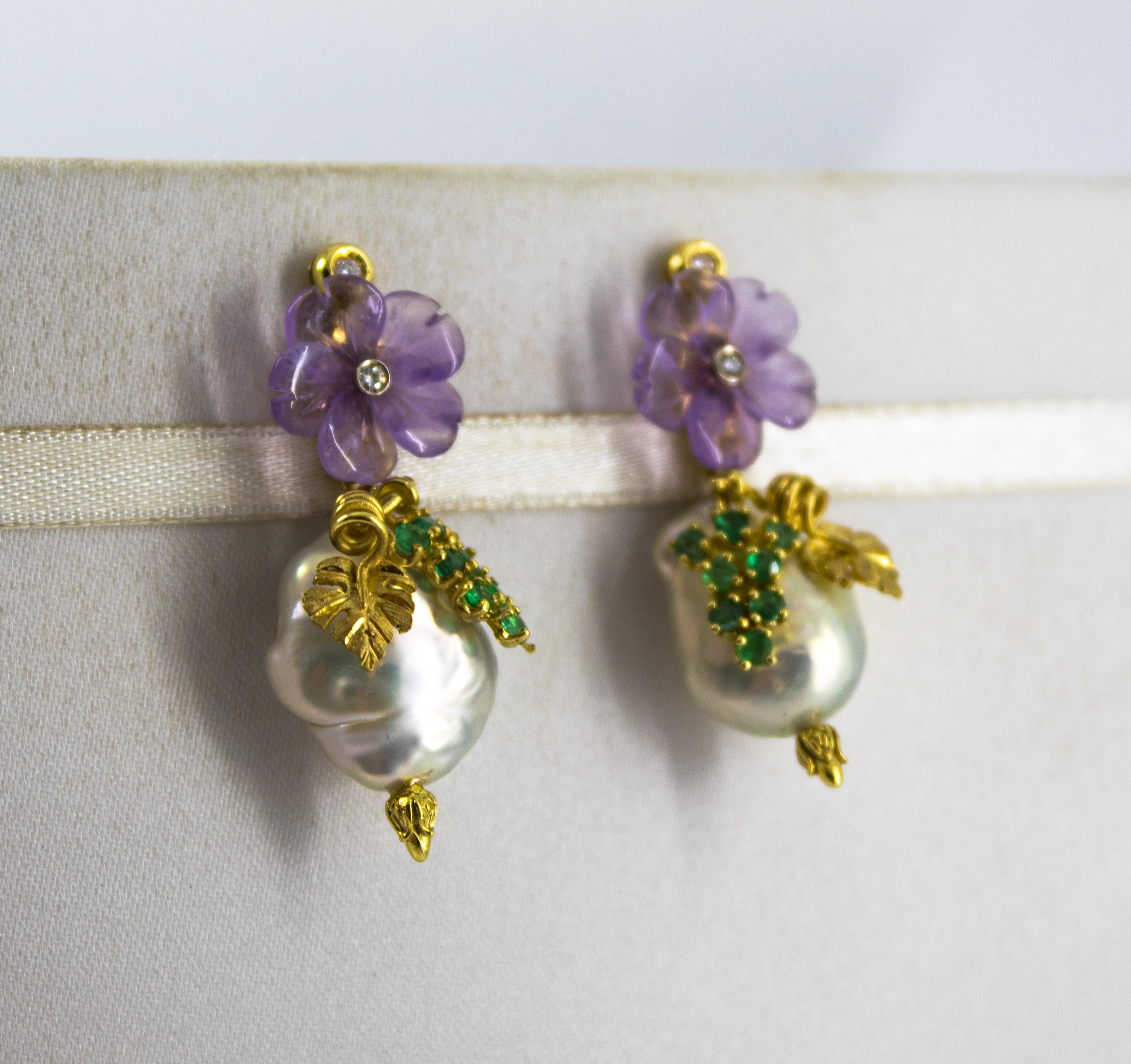 Art Nouveau Style White Diamond Emerald Amethyst Pearl Yellow Gold Stud Earrings In New Condition For Sale In Naples, IT
