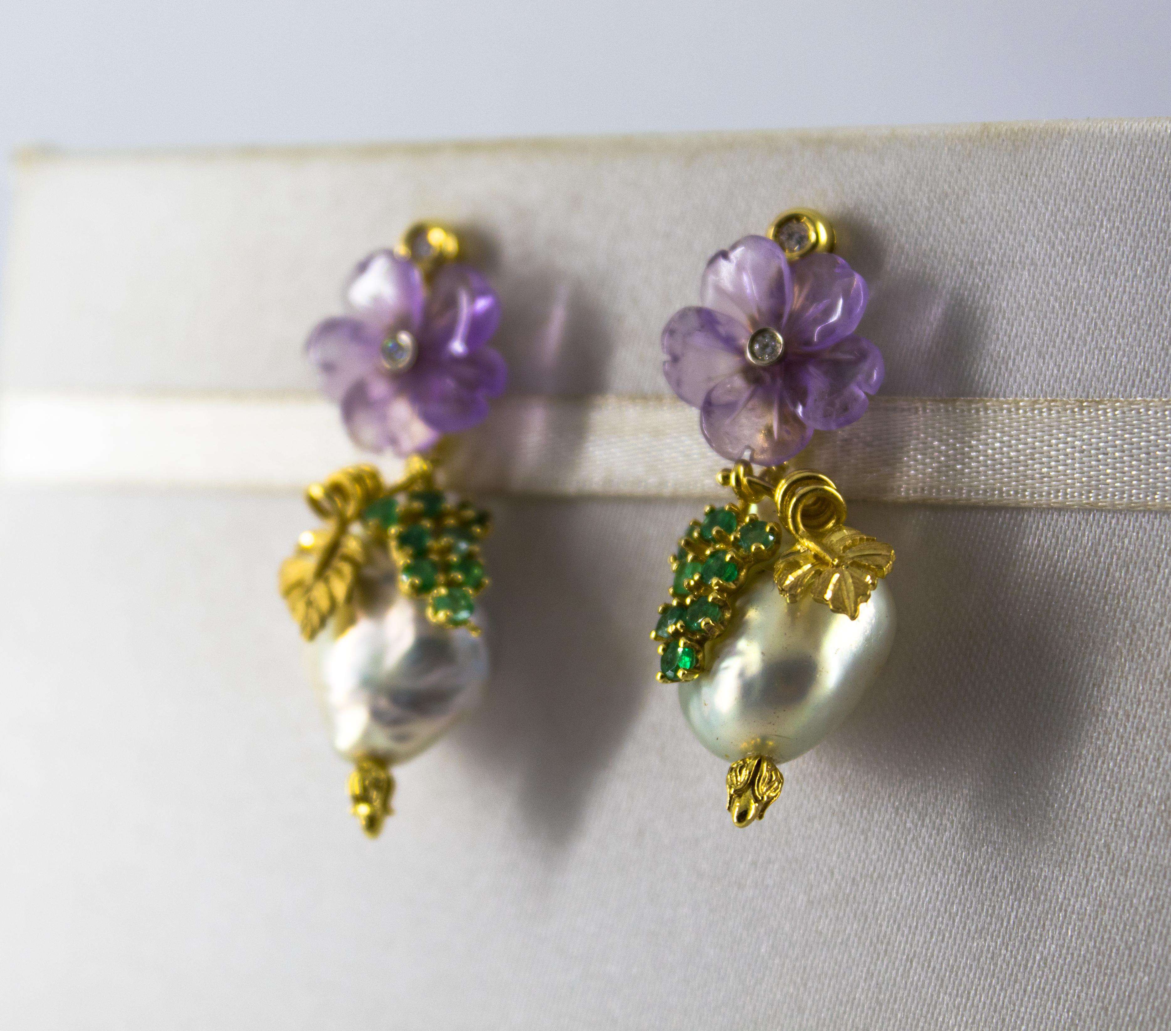 Women's or Men's Art Nouveau Style White Diamond Emerald Amethyst Pearl Yellow Gold Stud Earrings