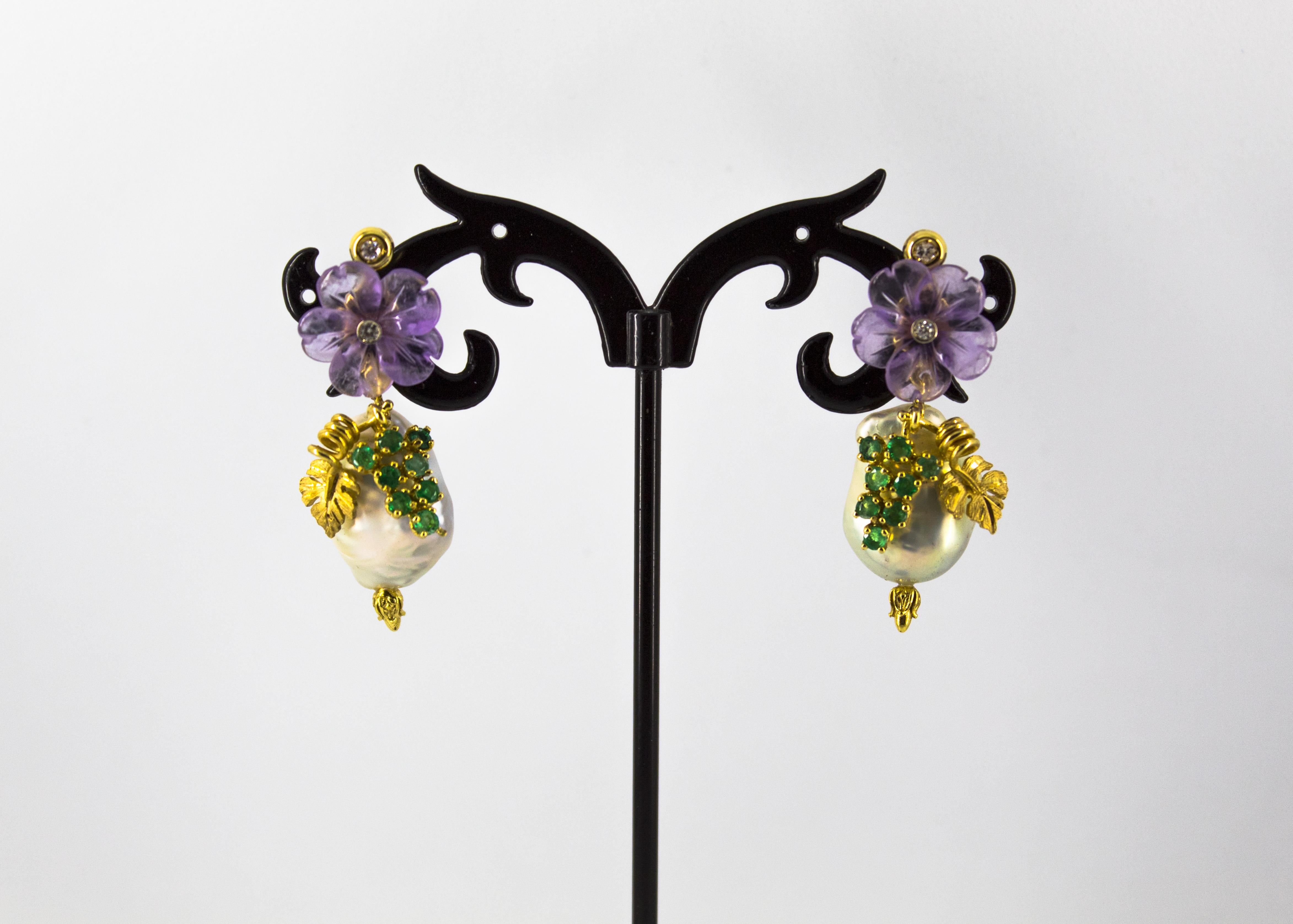 Art Nouveau Style White Diamond Emerald Amethyst Pearl Yellow Gold Stud Earrings For Sale 2