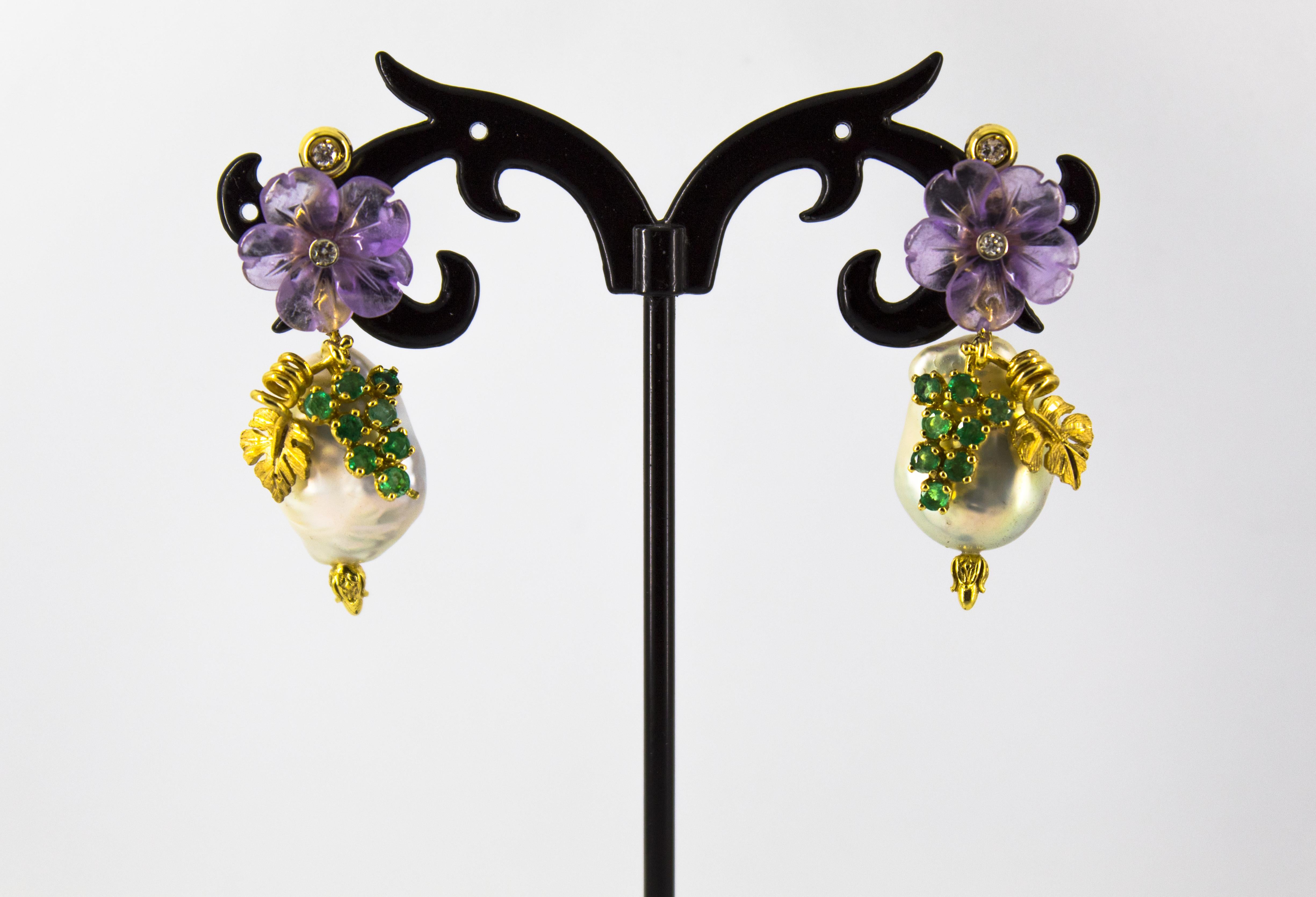 Art Nouveau Style White Diamond Emerald Amethyst Pearl Yellow Gold Stud Earrings For Sale 3