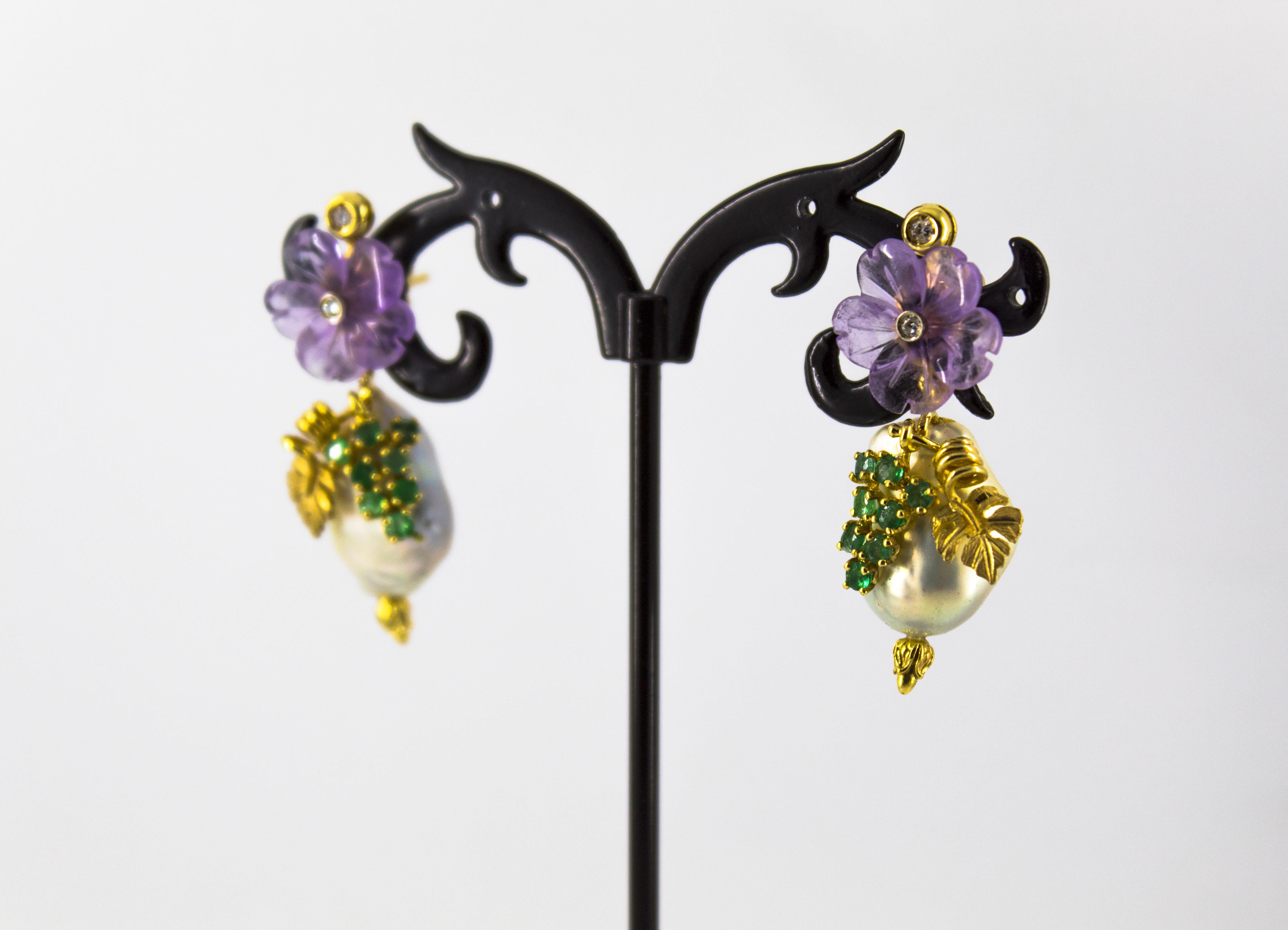 Art Nouveau Style White Diamond Emerald Amethyst Pearl Yellow Gold Stud Earrings For Sale 4