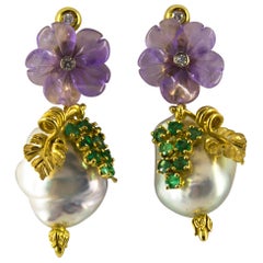 Art Nouveau Style White Diamond Emerald Amethyst Pearl Yellow Gold Stud Earrings