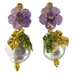 Boucles d'oreilles or jaune diamant blanc émeraude améthyste perle style Art Nouveau