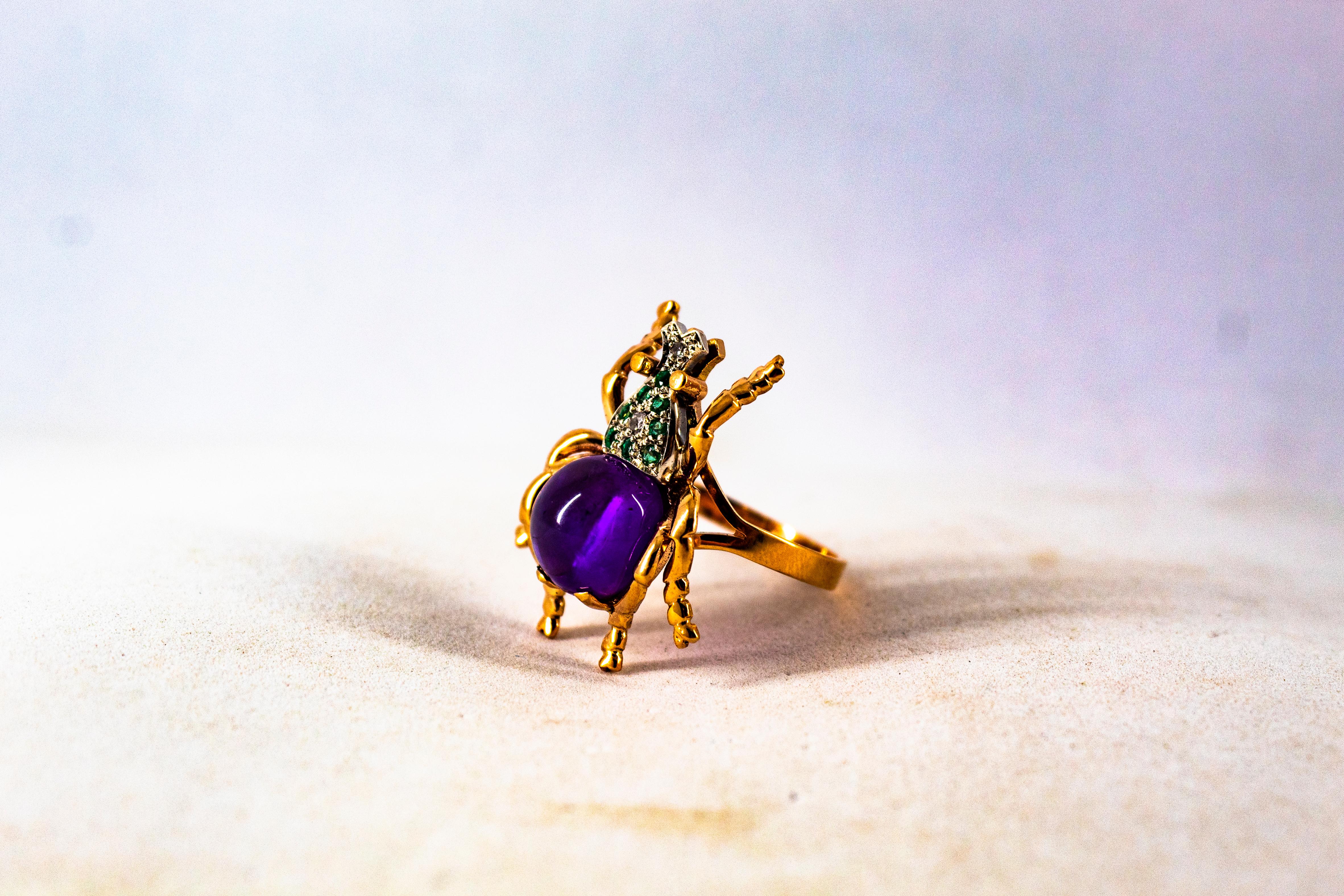 Art Nouveau Style White Diamond Emerald Amethyst Yellow Gold Cocktail Ring 7