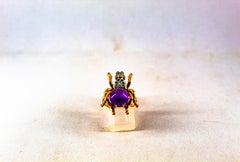 Art Nouveau Style White Diamond Emerald Amethyst Yellow Gold Cocktail Ring