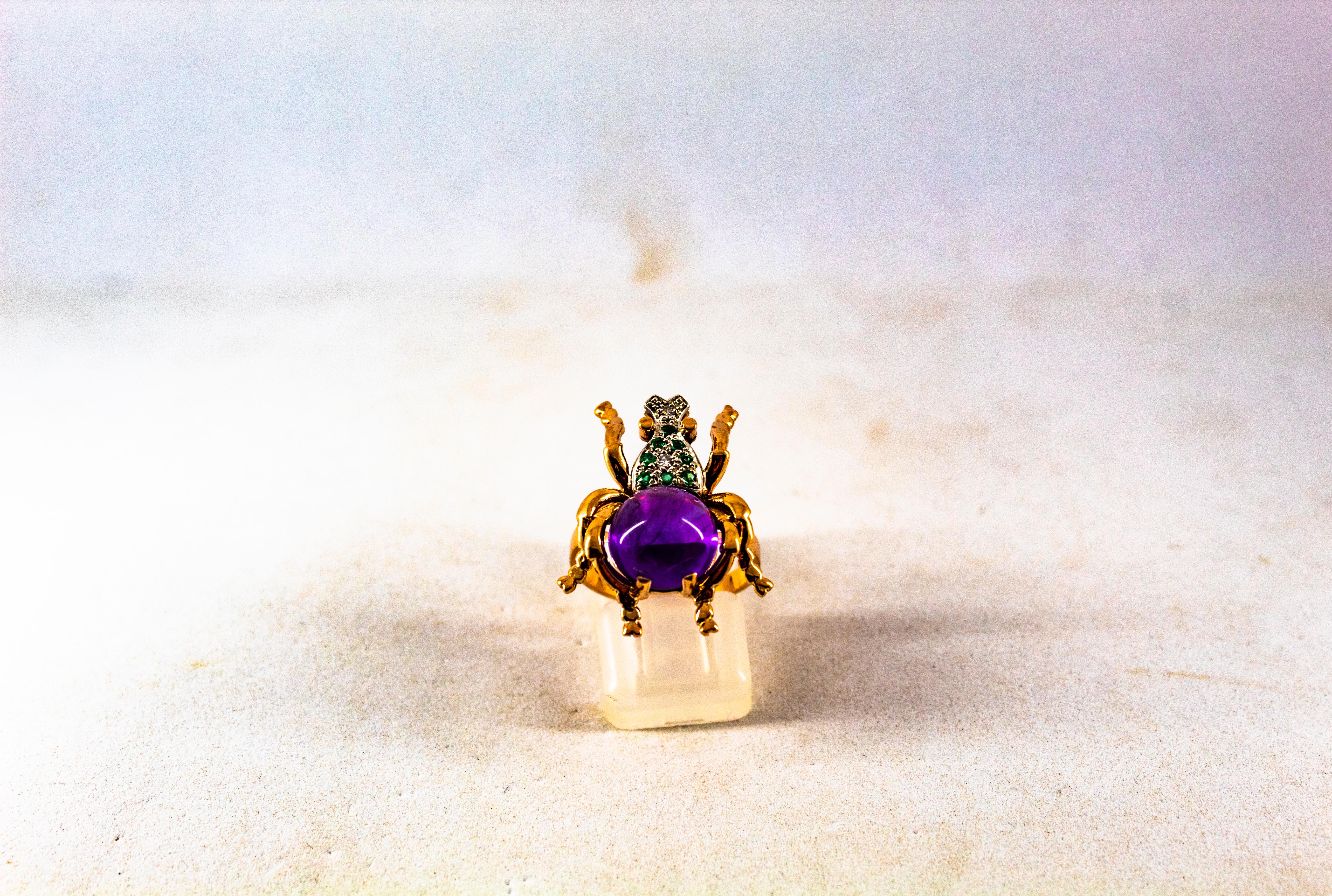Brilliant Cut Art Nouveau Style White Diamond Emerald Amethyst Yellow Gold Cocktail Ring For Sale