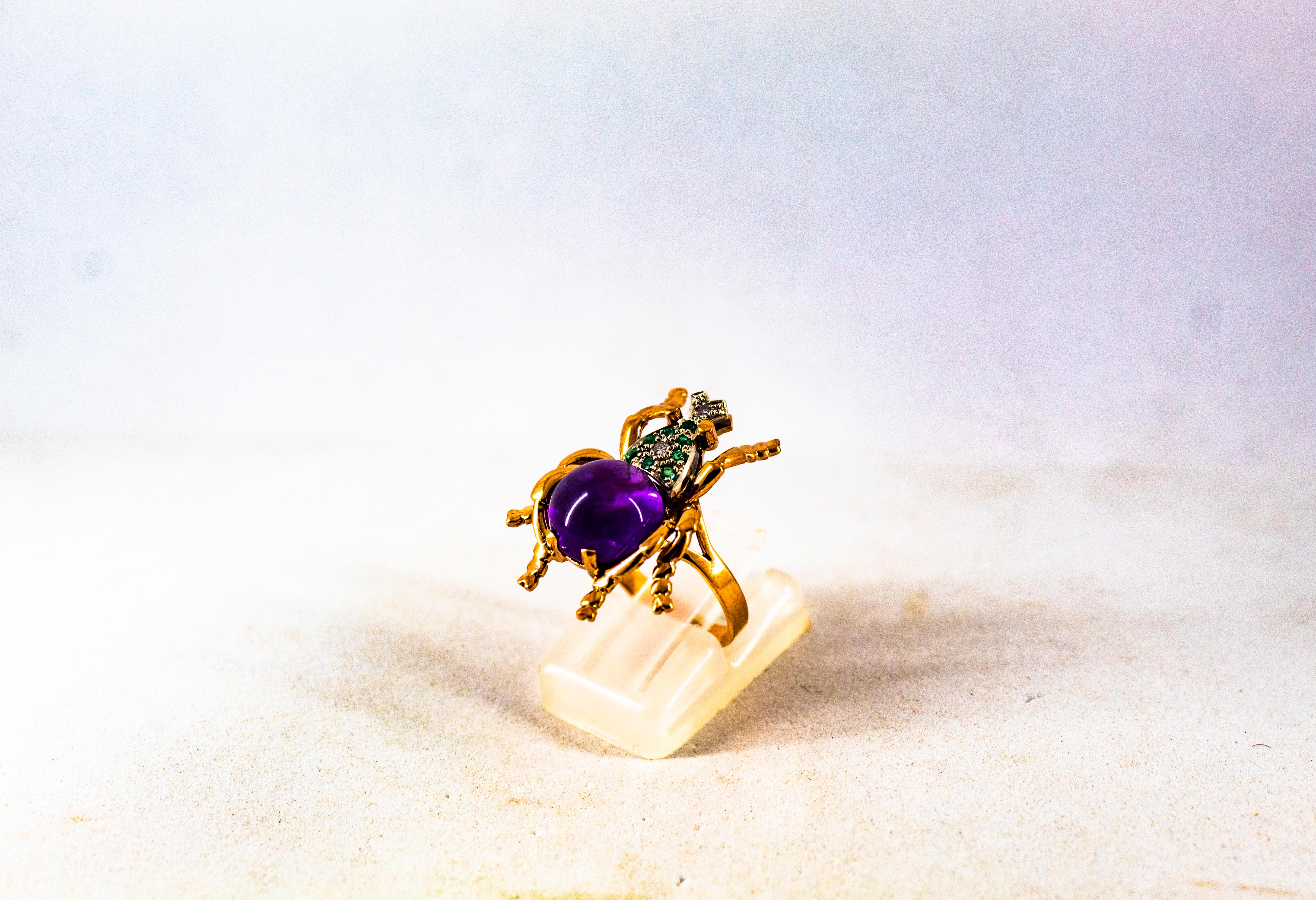 Art Nouveau Style White Diamond Emerald Amethyst Yellow Gold Cocktail Ring In New Condition In Naples, IT