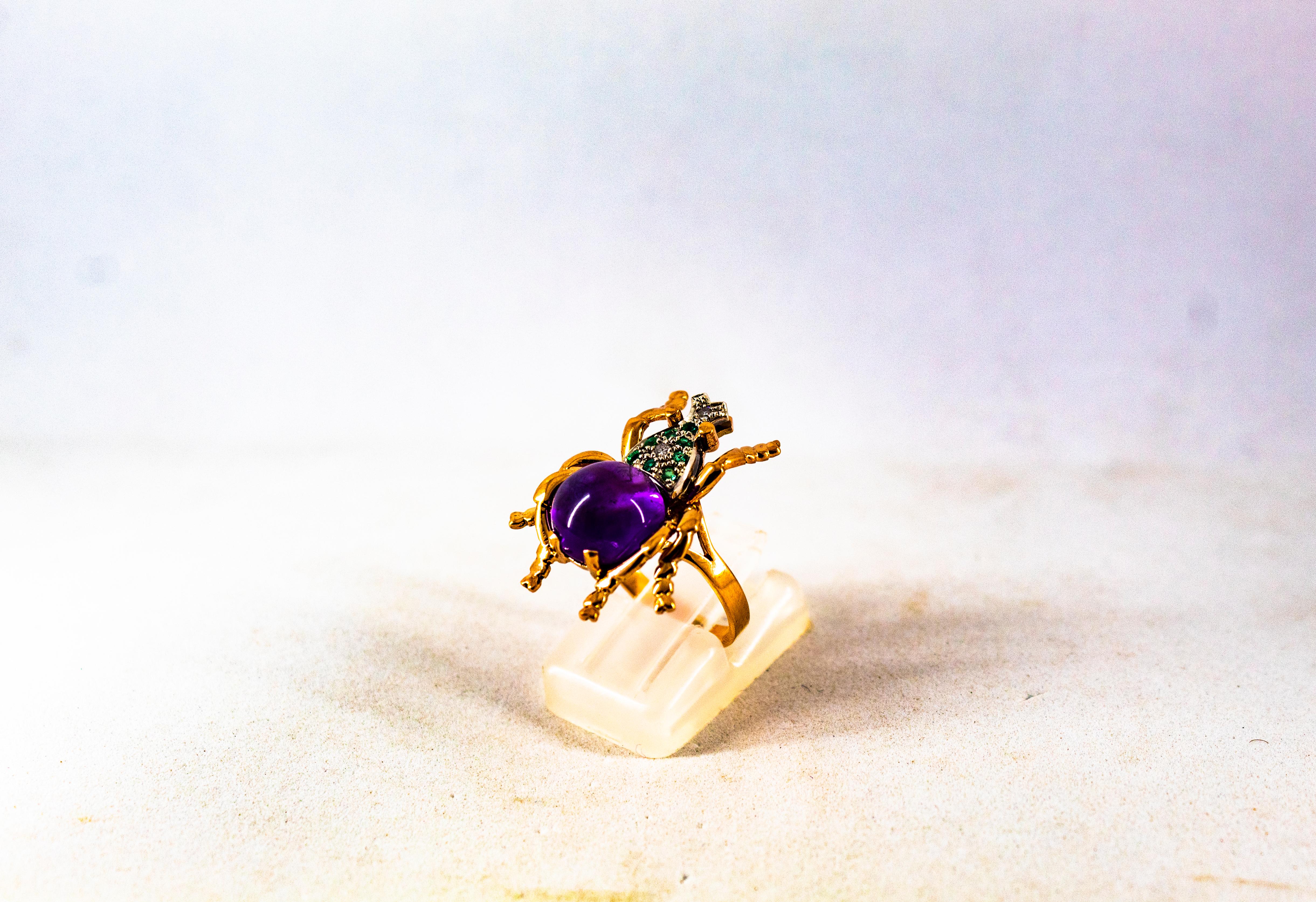 Women's or Men's Art Nouveau Style White Diamond Emerald Amethyst Yellow Gold Cocktail Ring