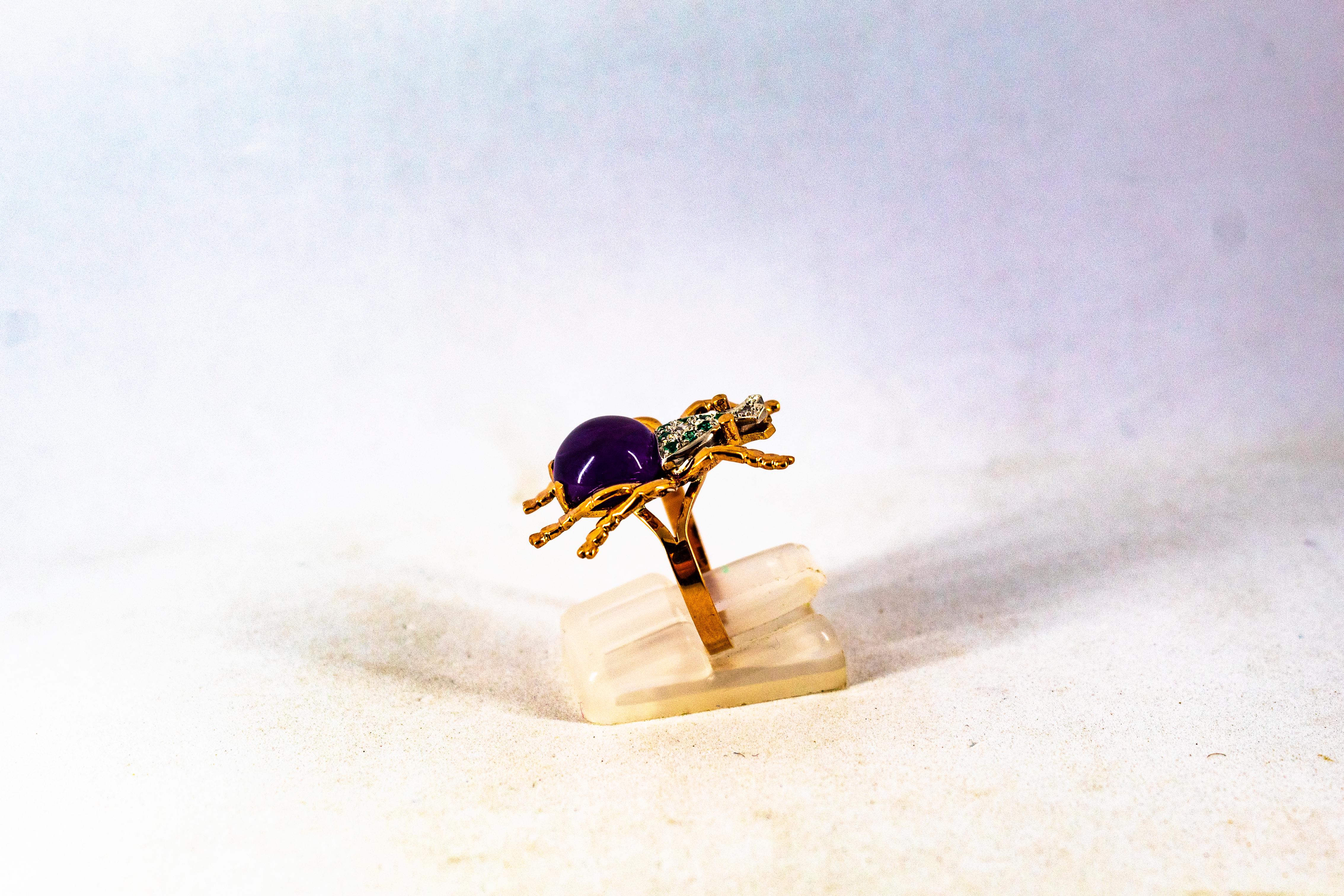 Art Nouveau Style White Diamond Emerald Amethyst Yellow Gold Cocktail Ring For Sale 1