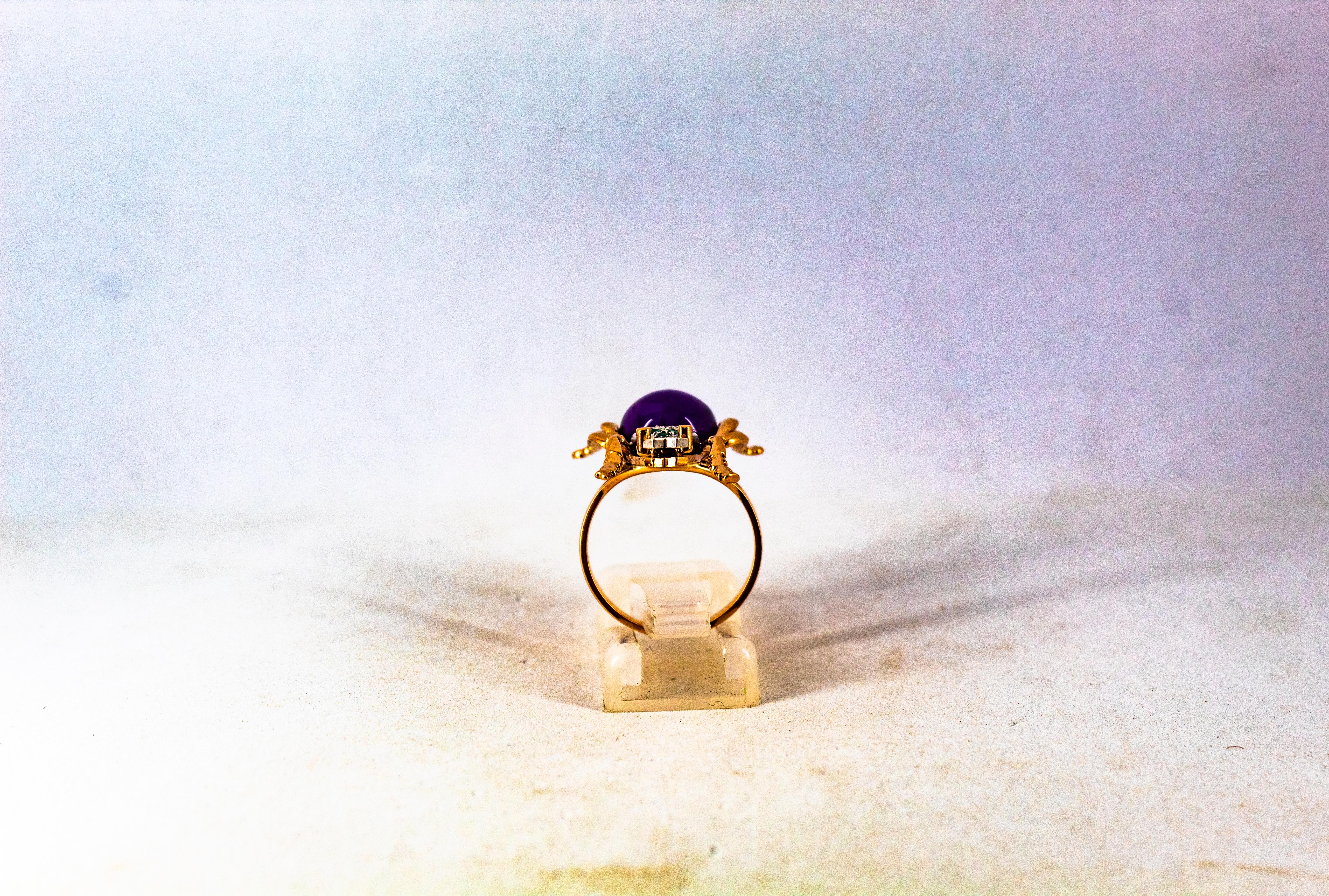 Art Nouveau Style White Diamond Emerald Amethyst Yellow Gold Cocktail Ring For Sale 2