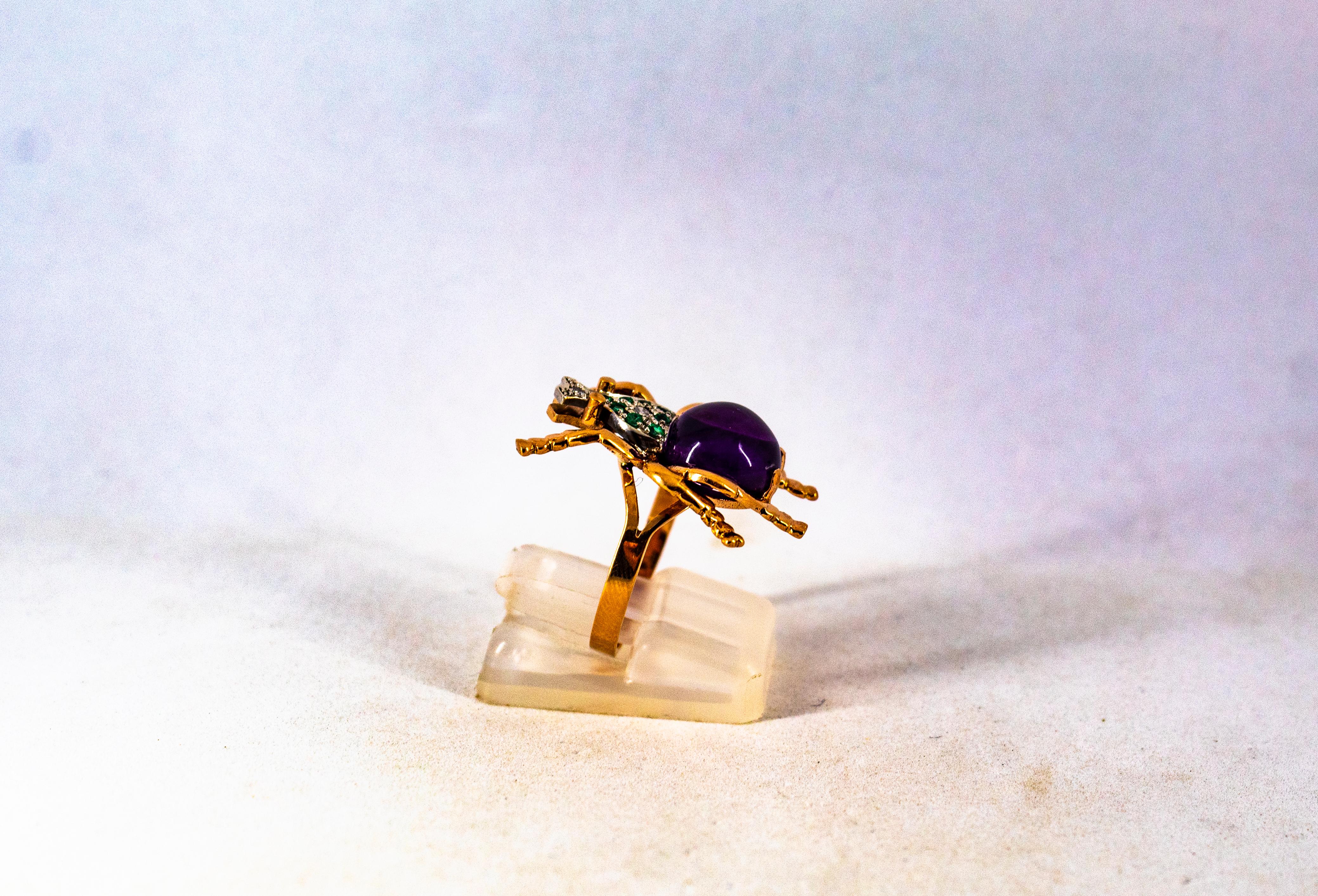 Bague cocktail de style Art nouveau en or jaune avec diamant blanc, émeraude et améthyste en vente 4