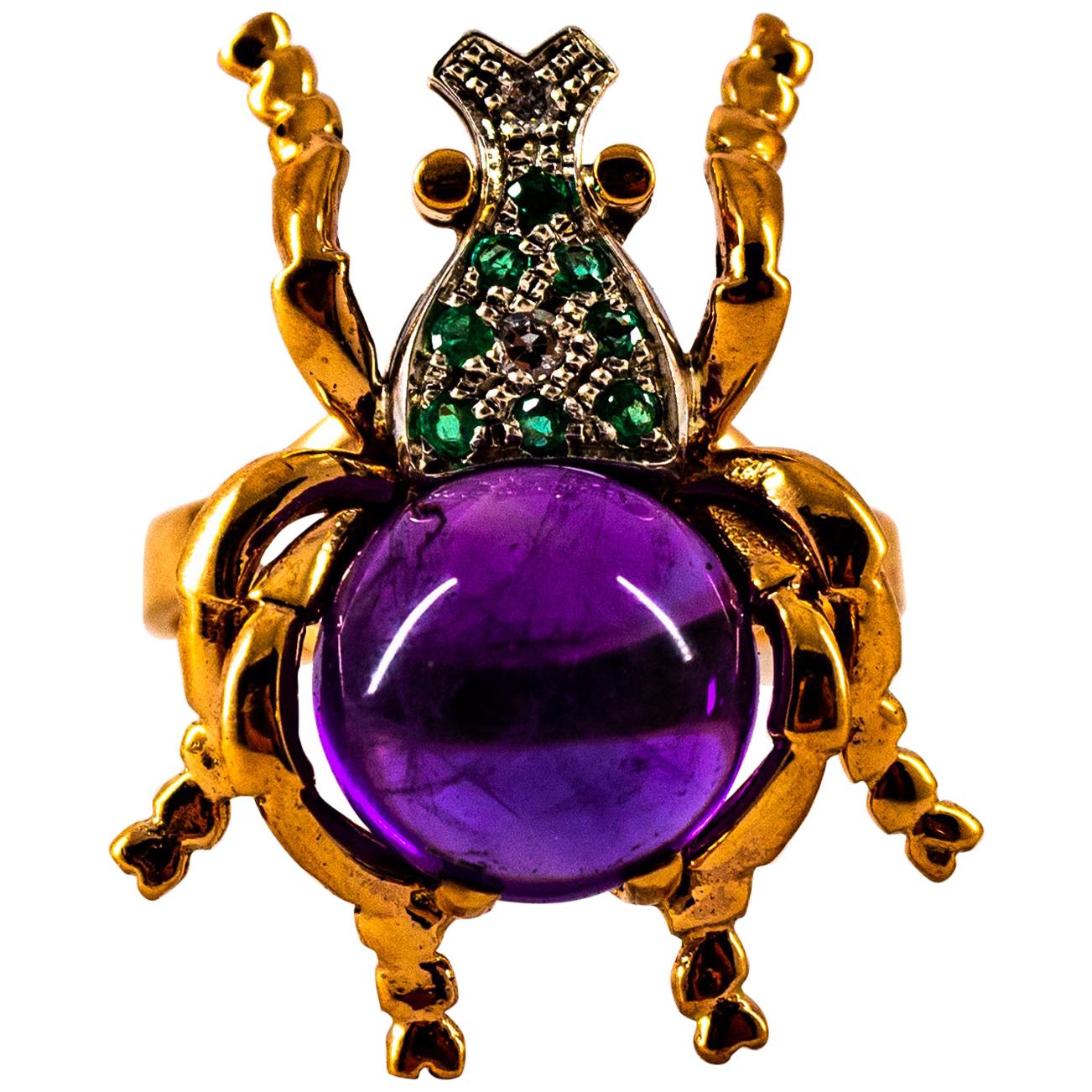 Art Nouveau Style White Diamond Emerald Amethyst Yellow Gold Cocktail Ring