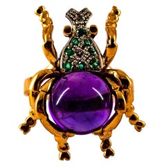 Art Nouveau Style White Diamond Emerald Amethyst Yellow Gold Cocktail Ring