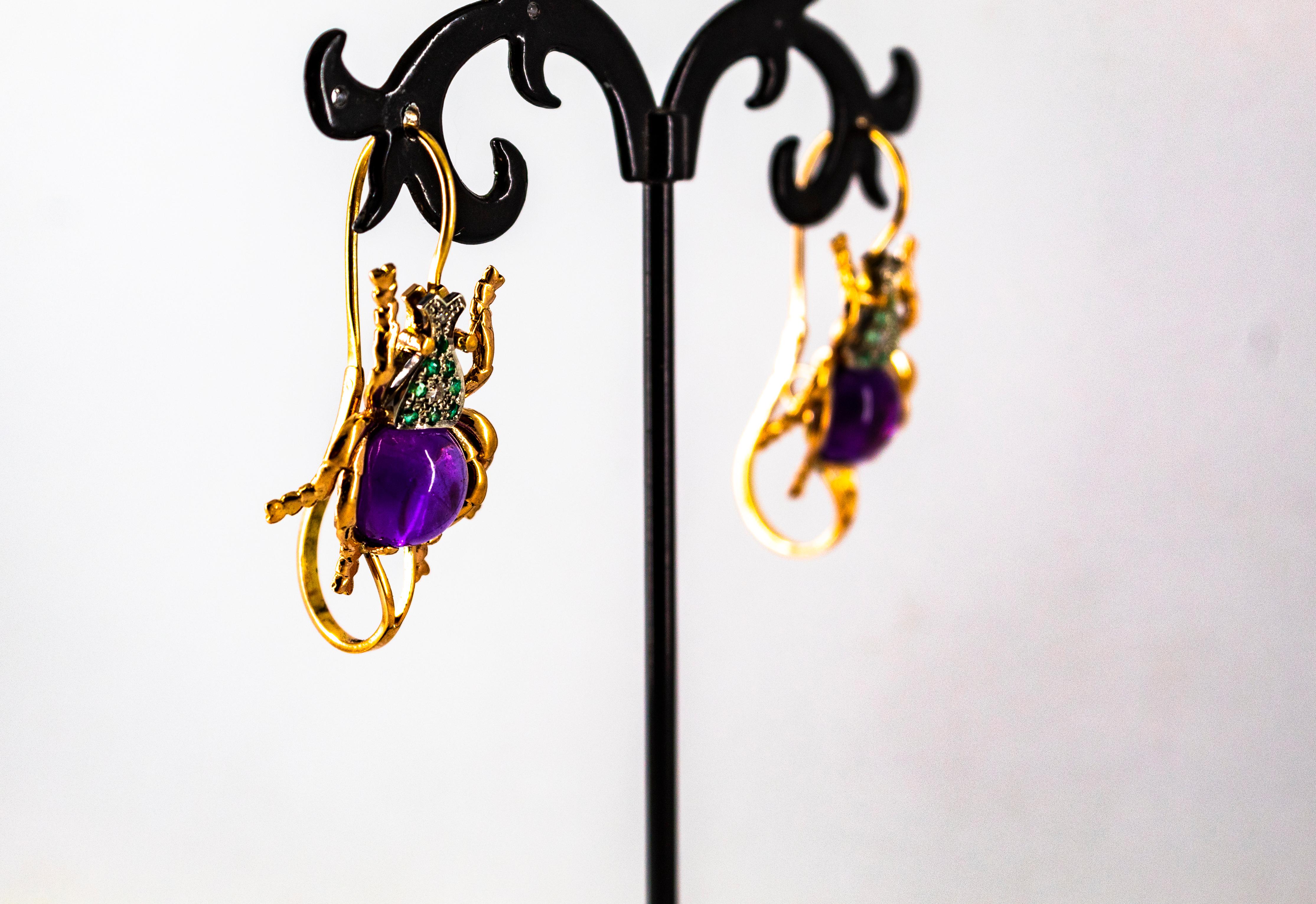 Orecchini a leva in oro giallo con diamante bianco e smeraldo e ametista in stile Art Nouveau in vendita 5