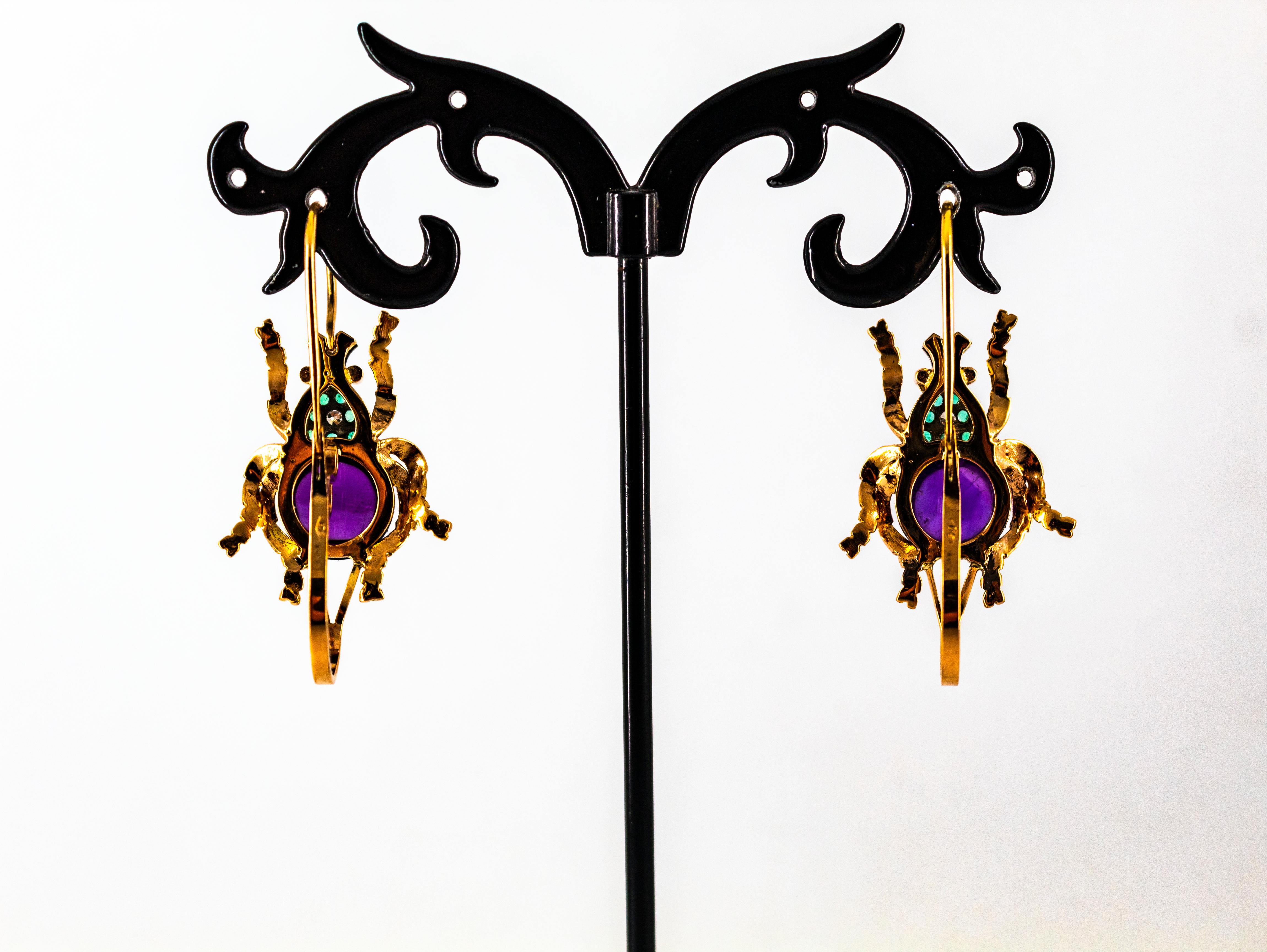 Boucles d'oreilles en or jaune avec diamant blanc, émeraude et améthyste, de style Art nouveau, à levier. en vente 6