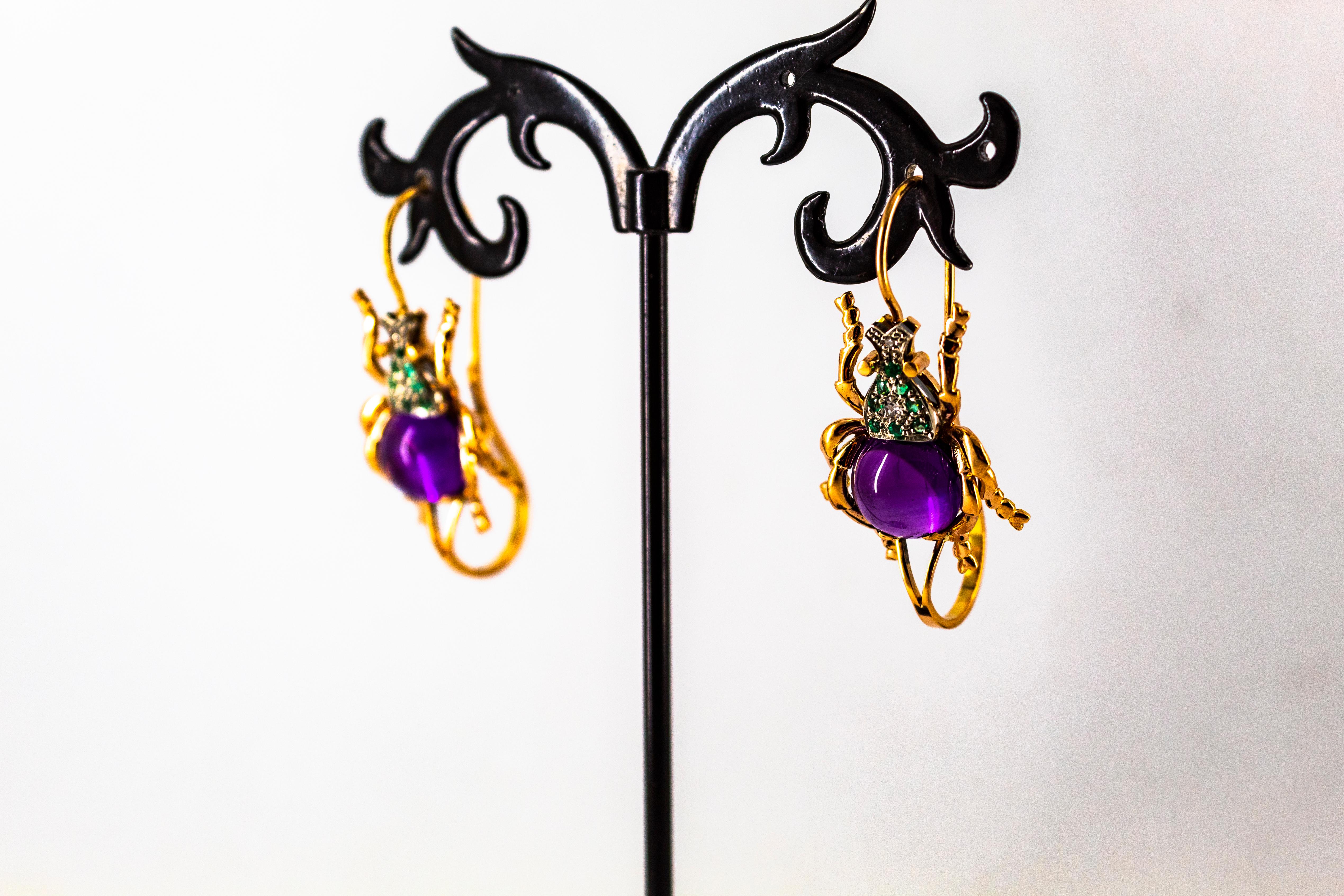 Orecchini a leva in oro giallo con diamante bianco e smeraldo e ametista in stile Art Nouveau in vendita 7