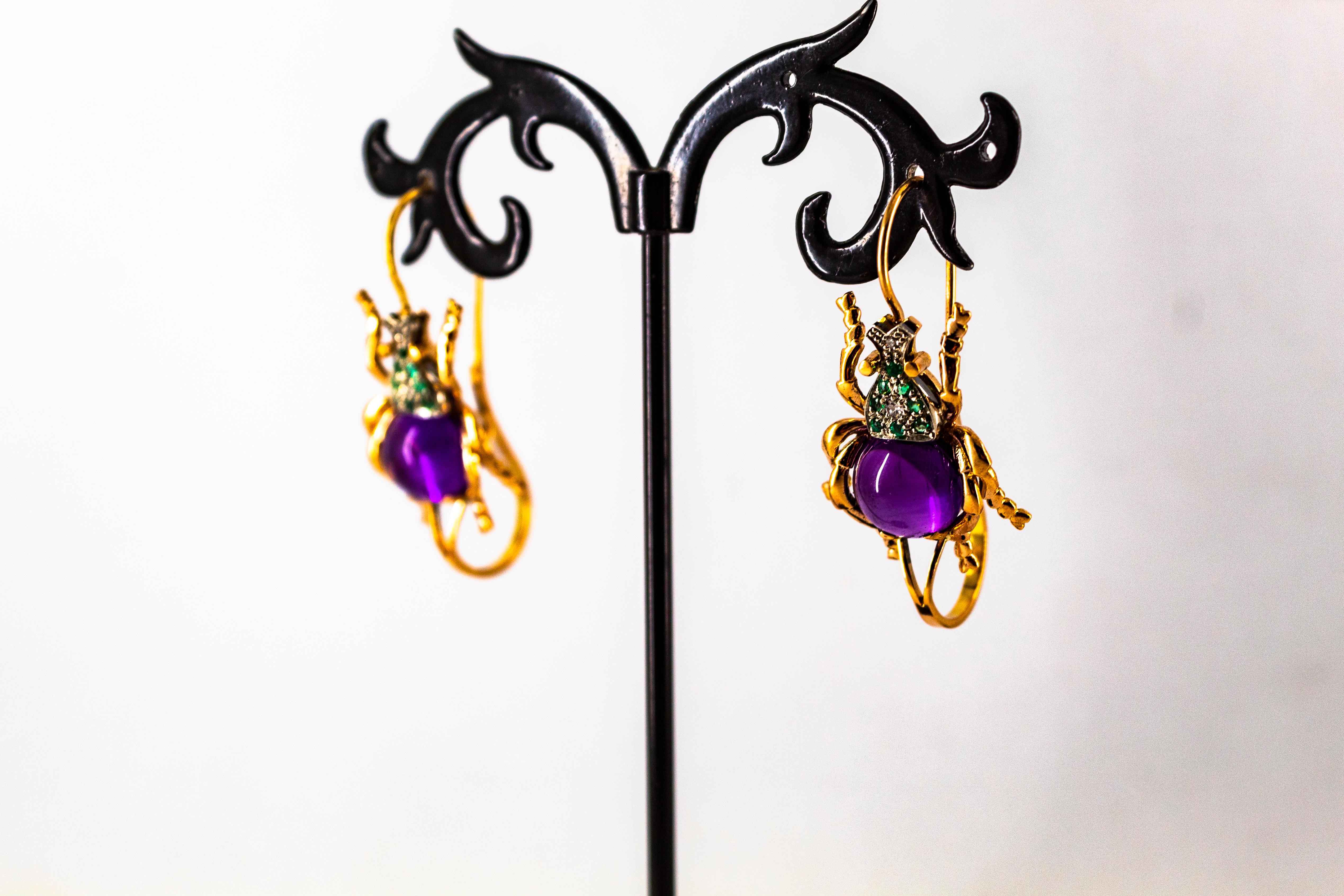 Art Nouveau Style White Diamond Emerald Amethyst Yellow Gold Lever-Back Earrings For Sale 8