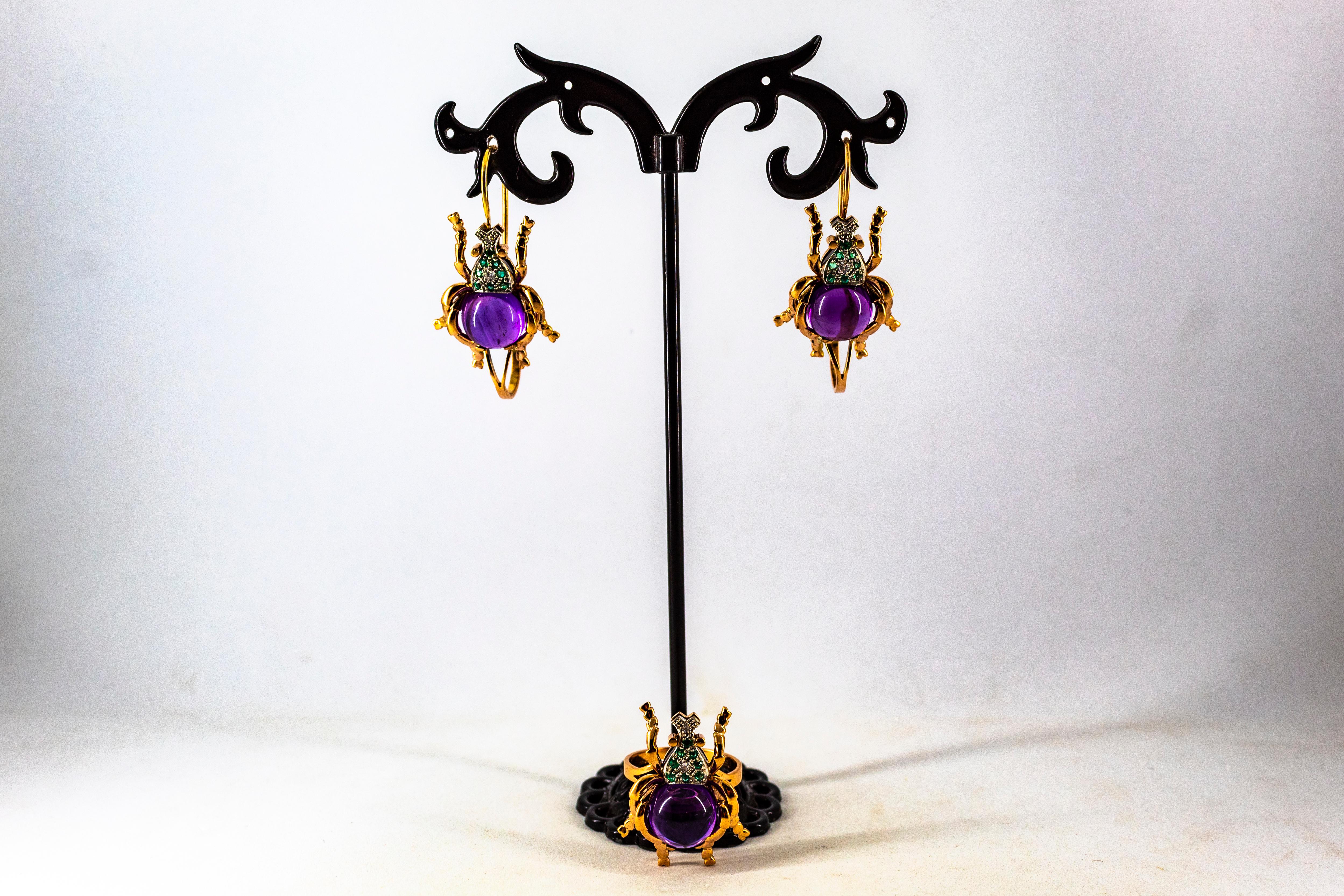Boucles d'oreilles en or jaune avec diamant blanc, émeraude et améthyste, de style Art nouveau, à levier. en vente 9