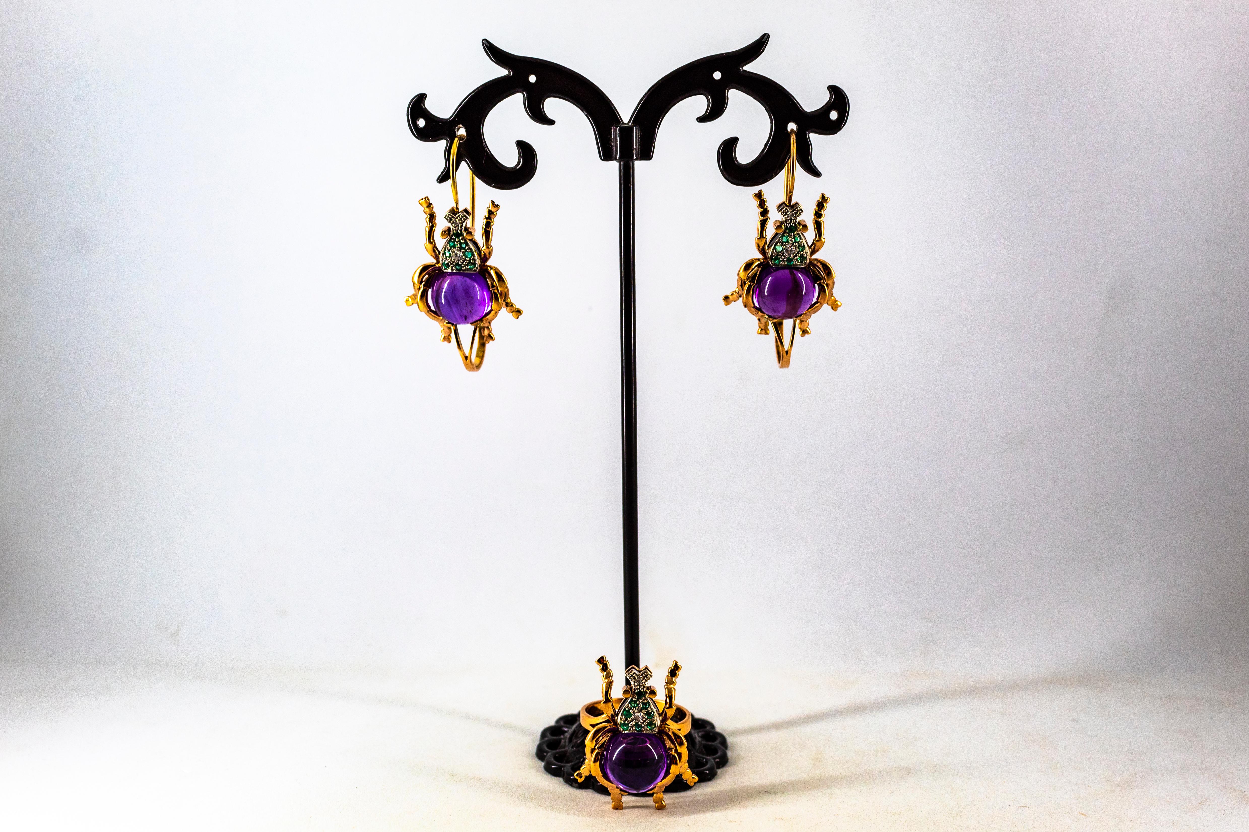 Orecchini a leva in oro giallo con diamante bianco e smeraldo e ametista in stile Art Nouveau in vendita 10