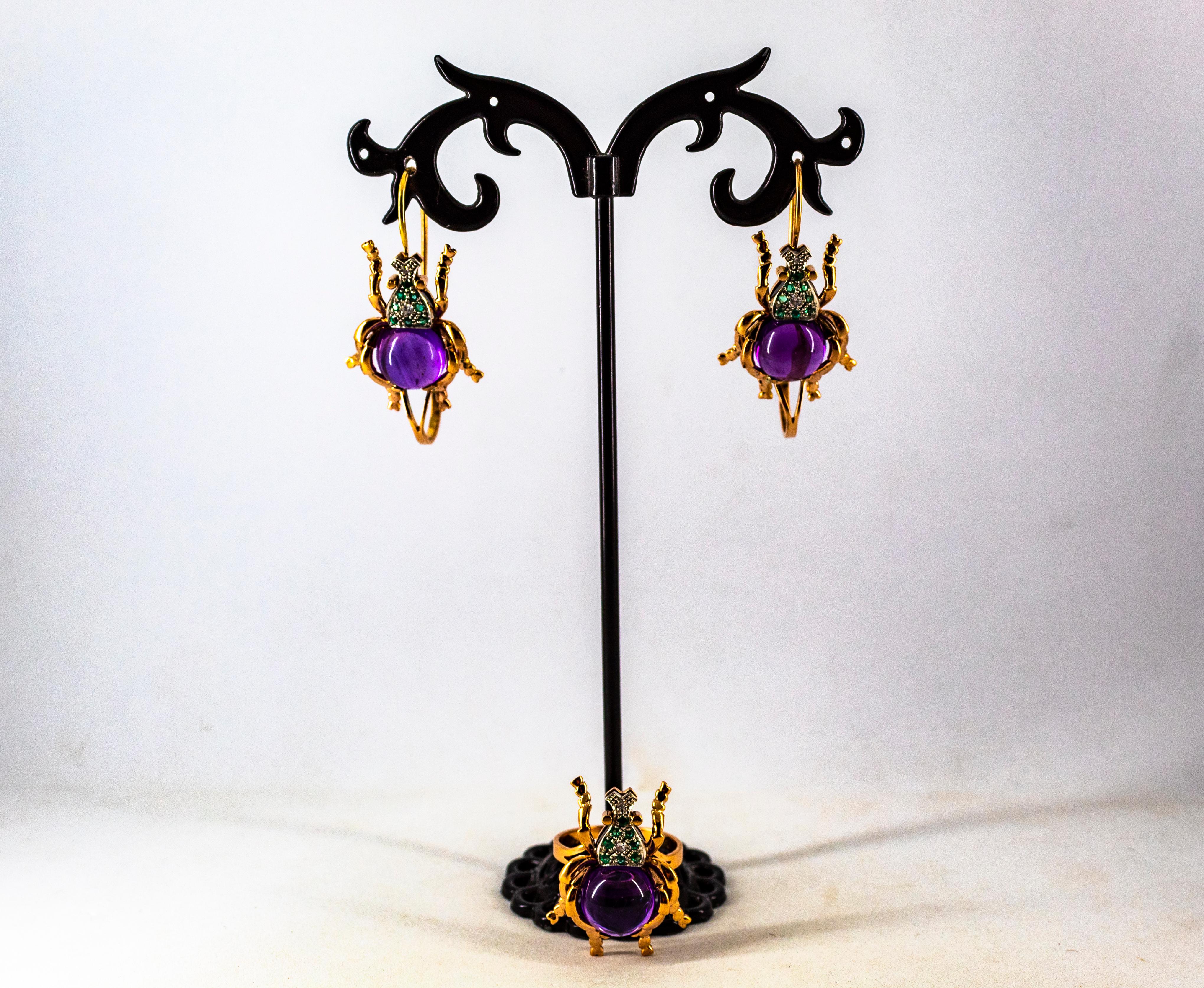 Art Nouveau Style White Diamond Emerald Amethyst Yellow Gold Lever-Back Earrings For Sale 11