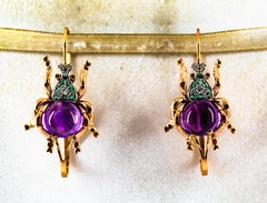 Art Nouveau Style White Diamond Emerald Amethyst Yellow Gold Lever-Back Earrings