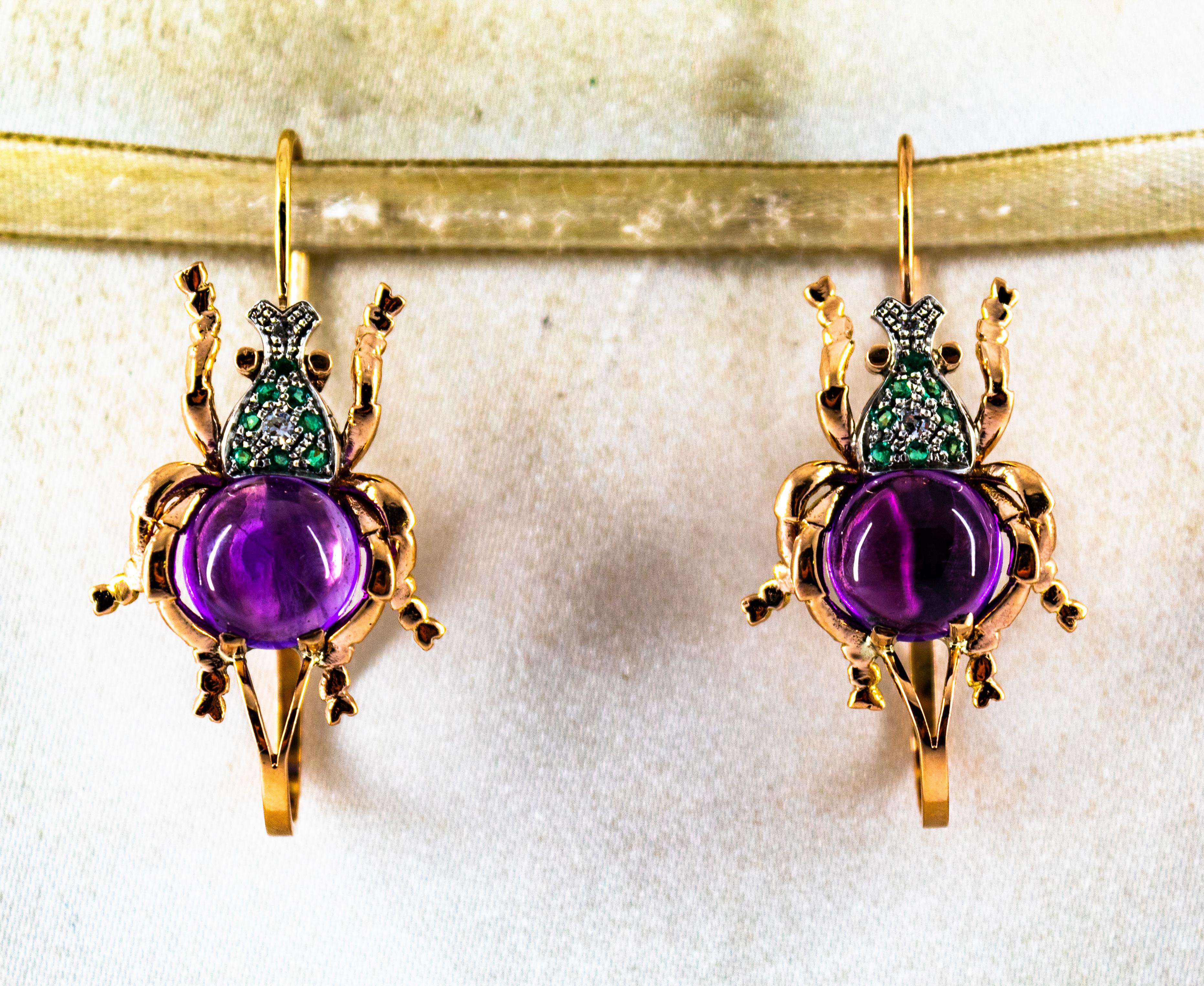 Taglio brillante Orecchini a leva in oro giallo con diamante bianco e smeraldo e ametista in stile Art Nouveau in vendita