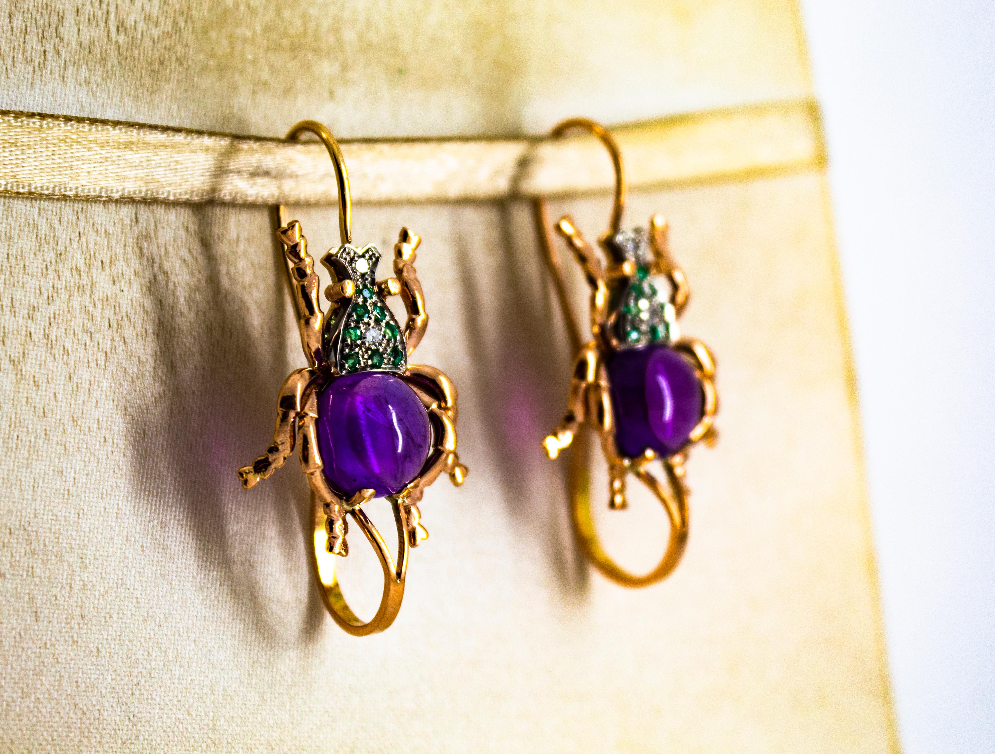 Art Nouveau Style White Diamond Emerald Amethyst Yellow Gold Lever-Back Earrings In New Condition In Naples, IT
