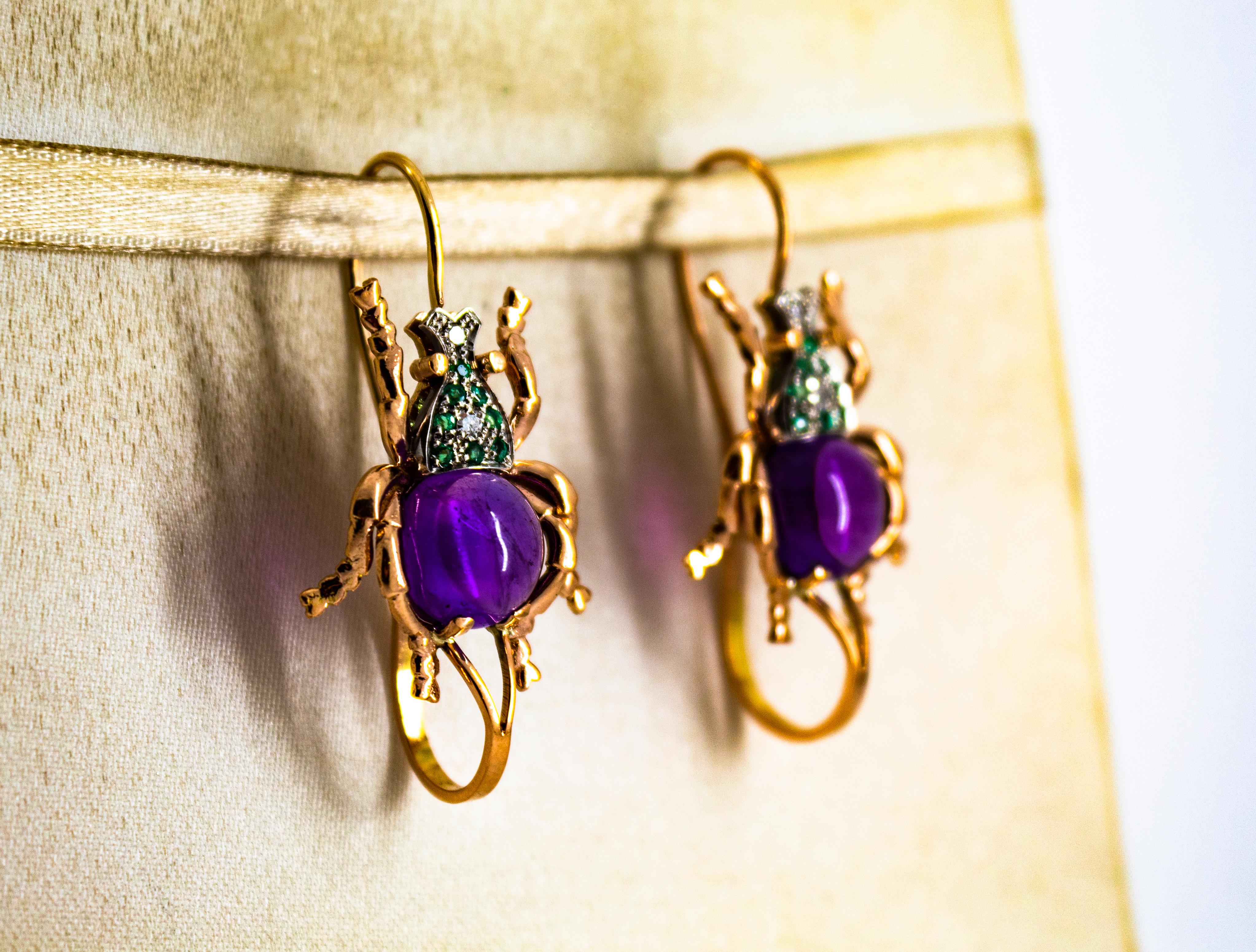 Boucles d'oreilles en or jaune avec diamant blanc, émeraude et améthyste, de style Art nouveau, à levier. Neuf - En vente à Naples, IT
